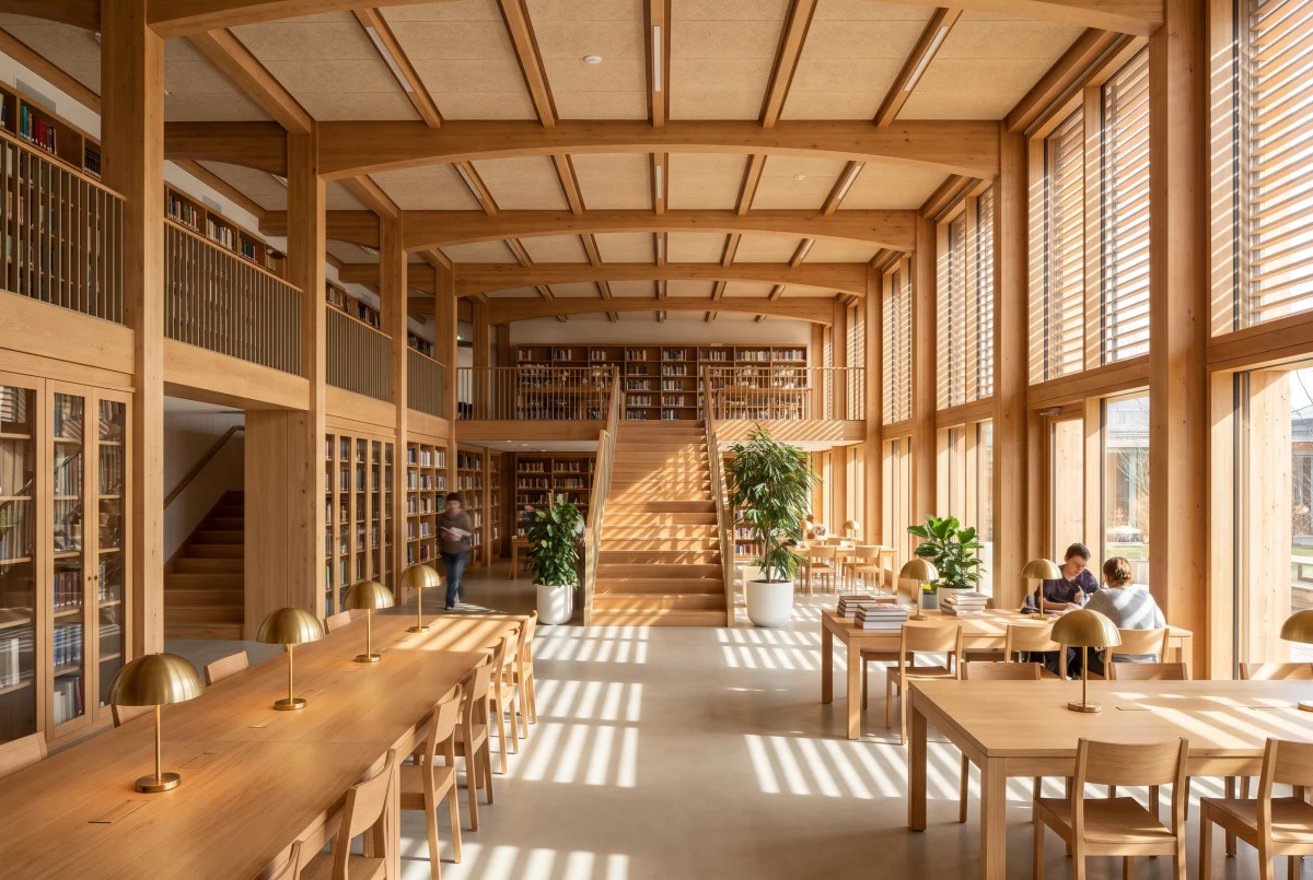 木构采光图书馆阅览厅，文化展陈 AI 设计参考
