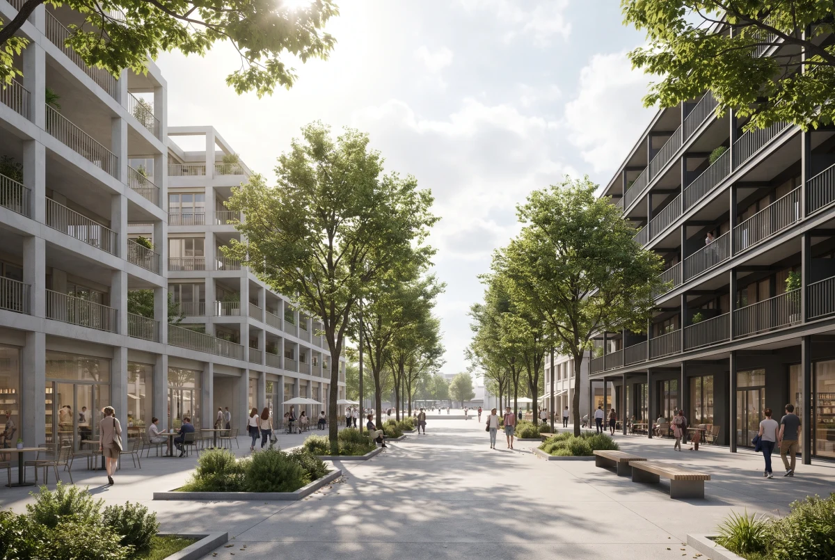 林荫商业街区建筑渲染，广场公共空间 AI 设计参考