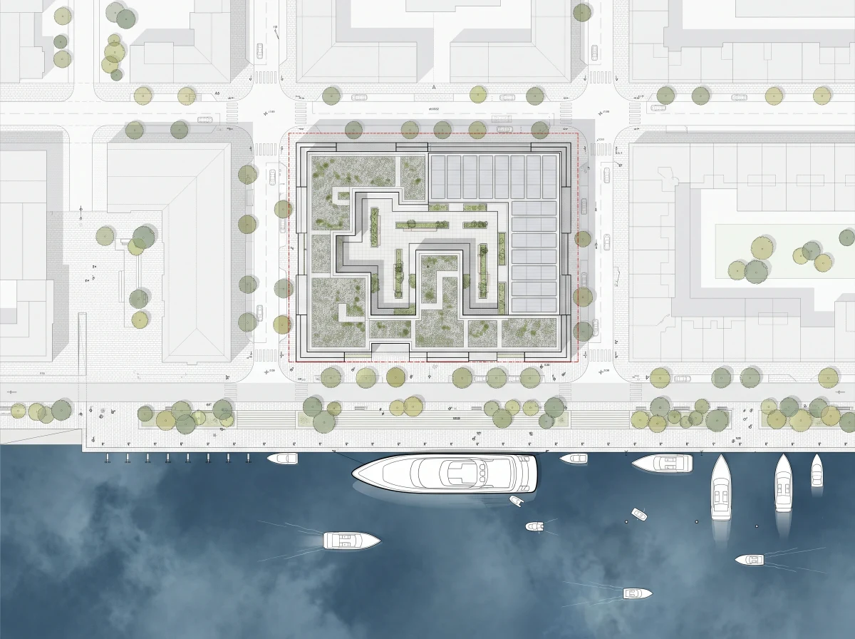 滨水街区建筑总平面图，总平面 AI 设计参考
