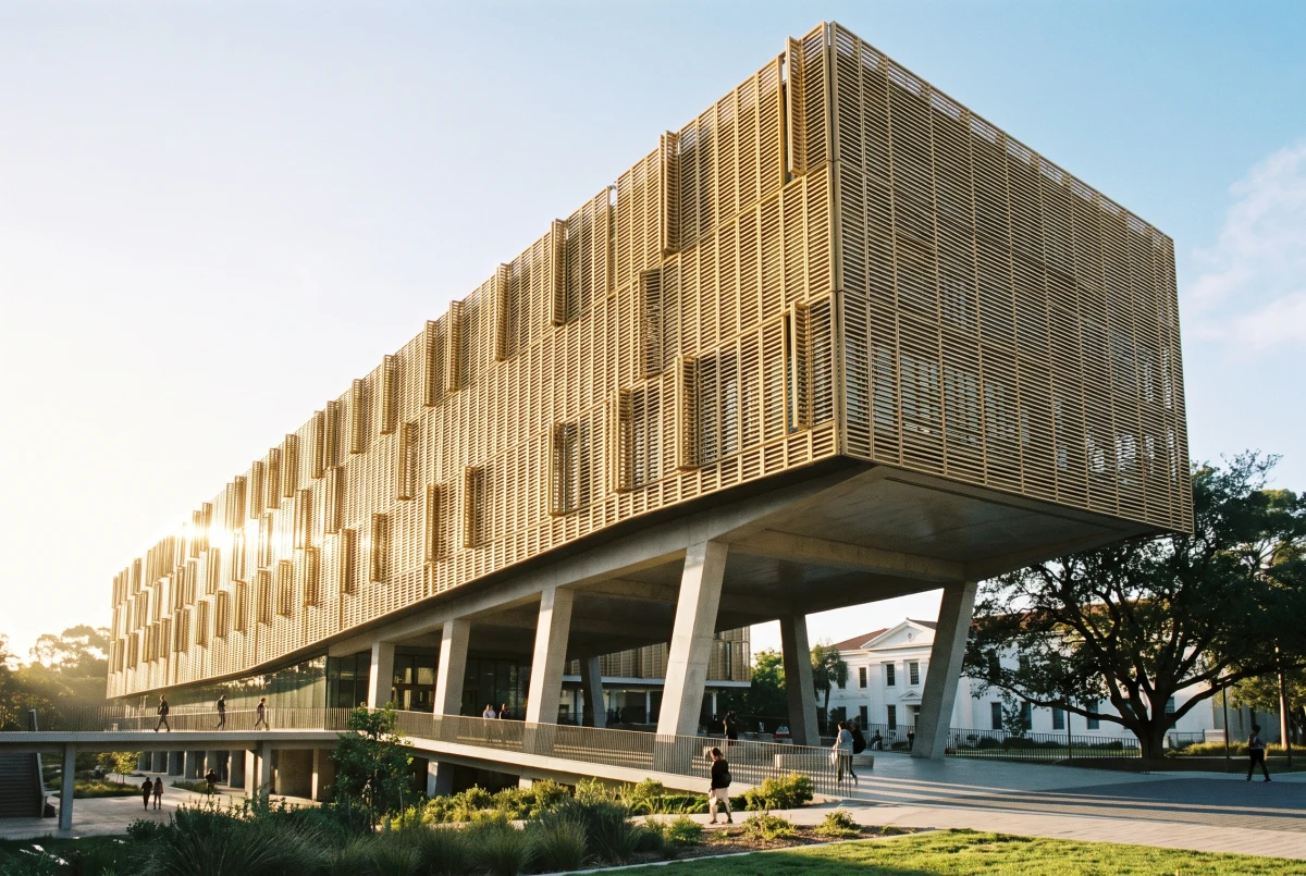 悬挑木格栅校园建筑，教育校园 AI 设计参考