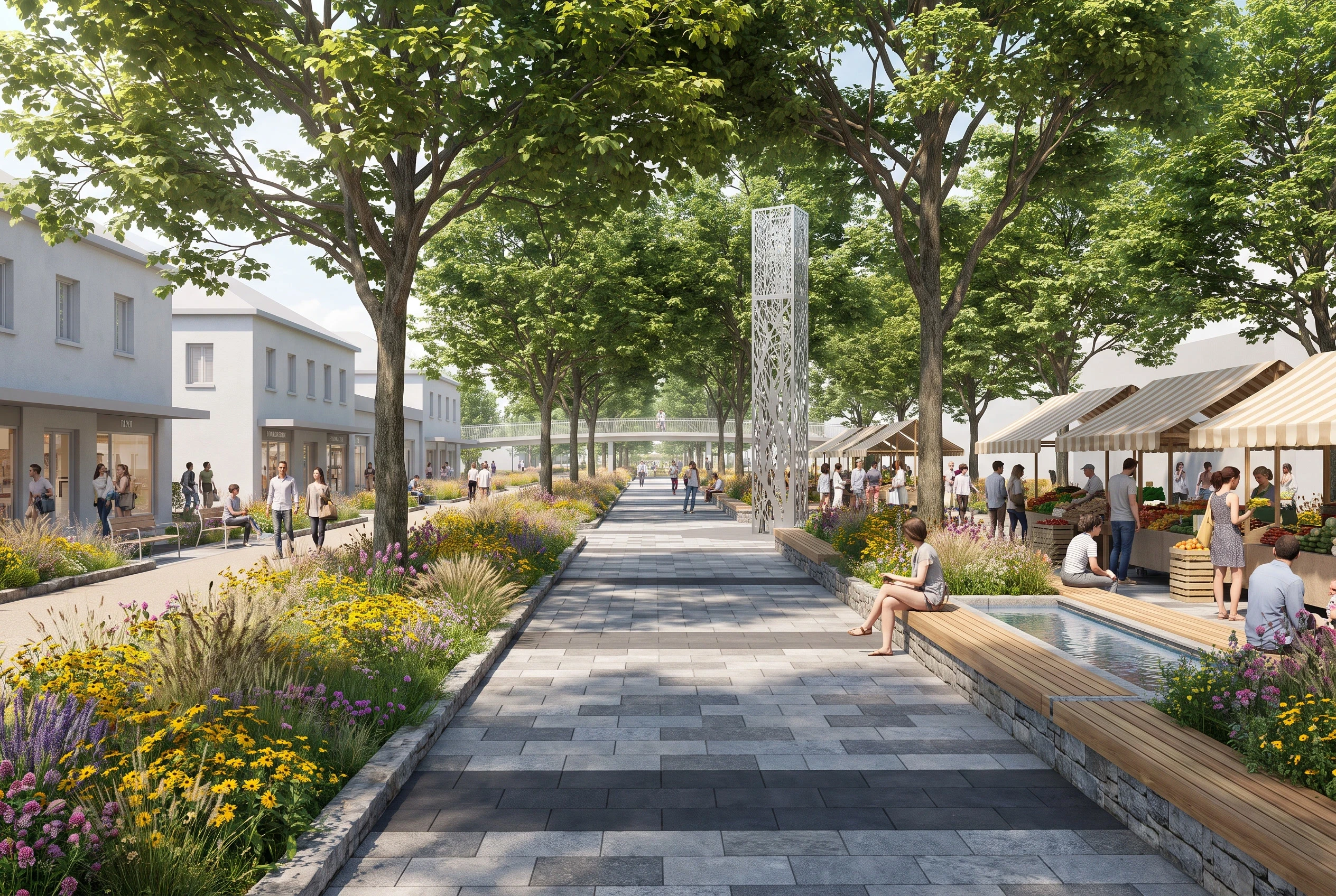 林荫市集中央广场，广场公共空间 AI 设计参考