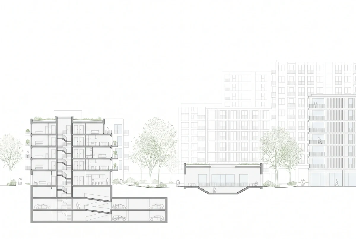 城市街区建筑剖面图，剖面 AI 设计参考
