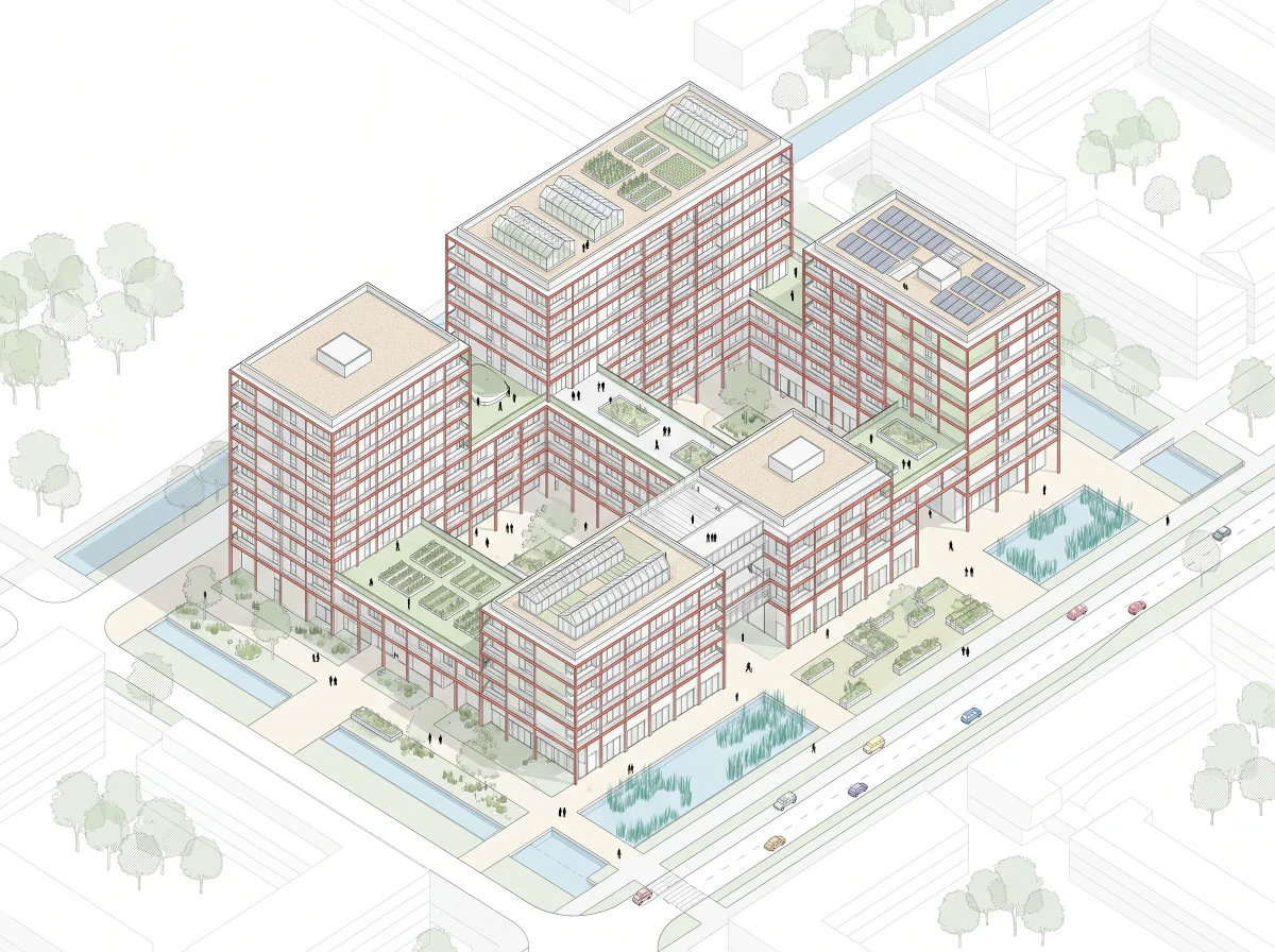 绿色社区建筑轴测图，轴测 AI 设计参考