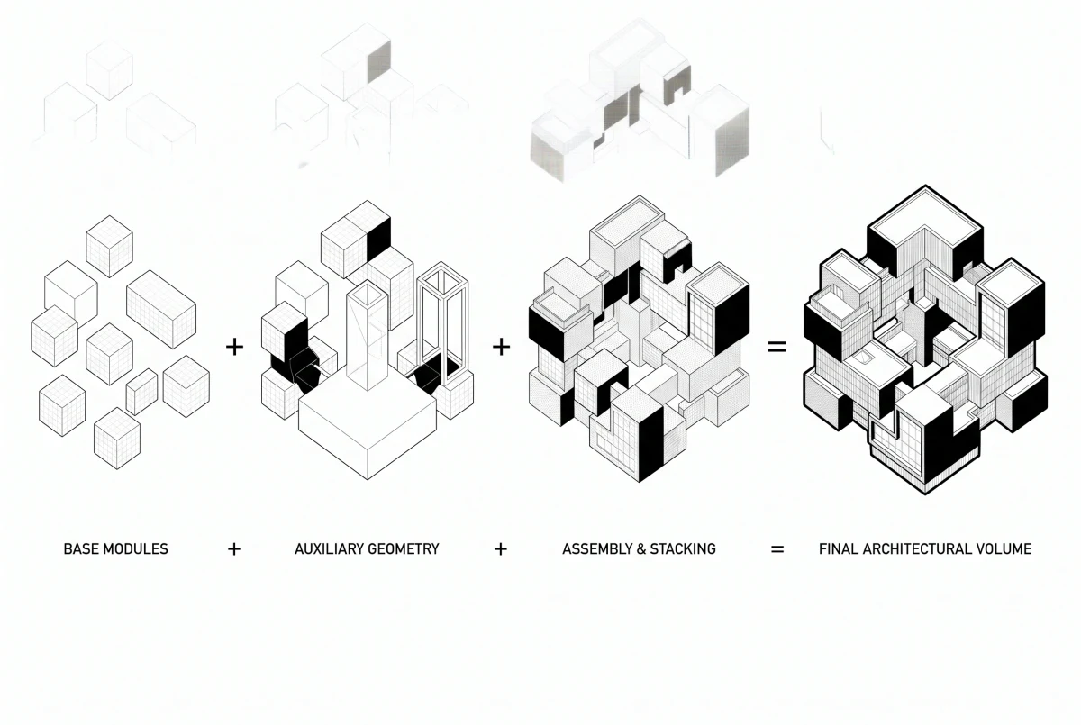 模块叠合体量生成图，体量生成 AI 设计参考