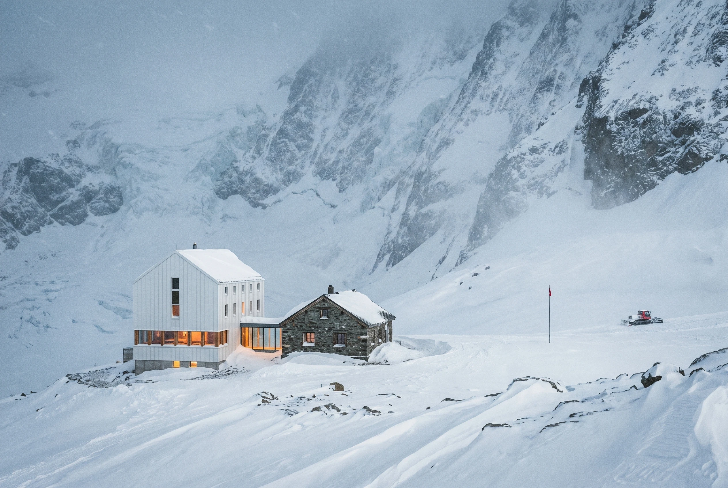 雪山冰原中的山地旅馆，酒店度假 AI 设计参考