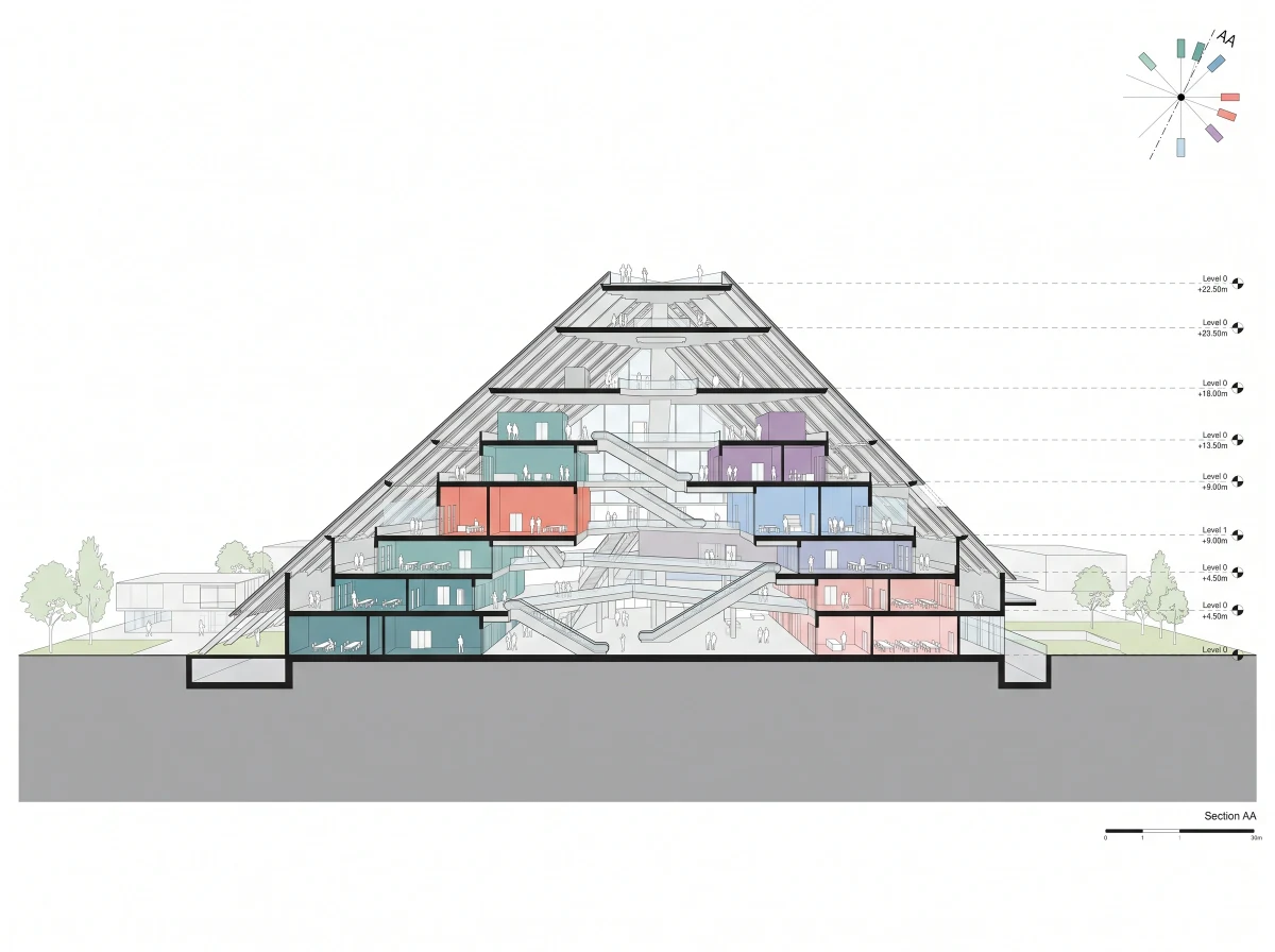 层叠坡顶建筑剖面图，剖面 AI 设计参考