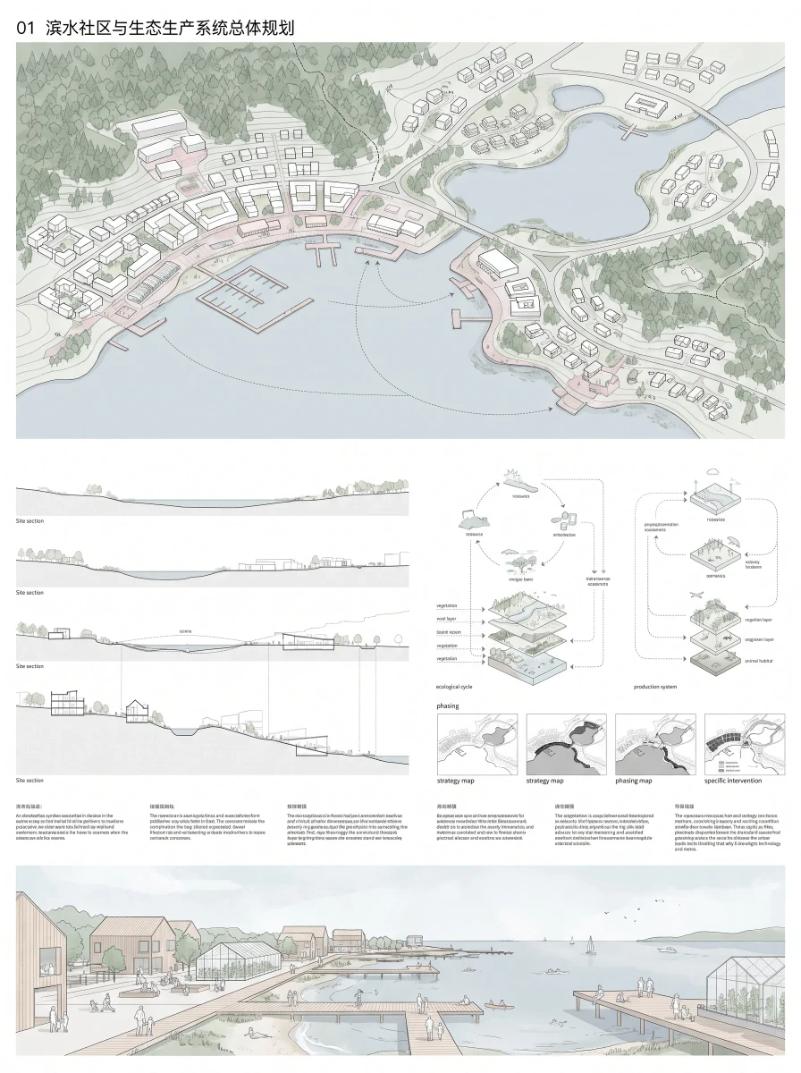 滨水社区与生态规划分析展板，展板排版 AI 设计参考