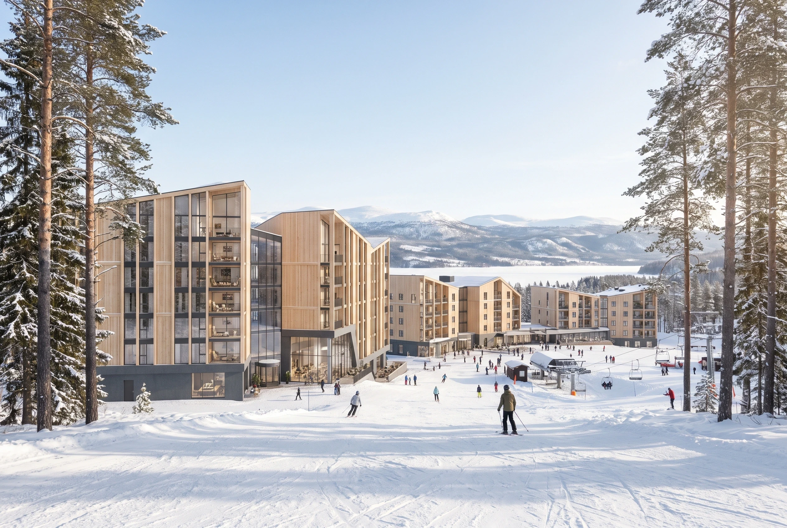 雪山滑雪度假村建筑群，酒店度假 AI 设计参考