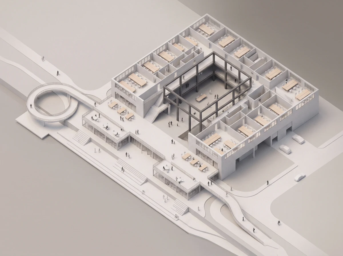 滨水建筑空间关系轴测图，空间关系 AI 设计参考