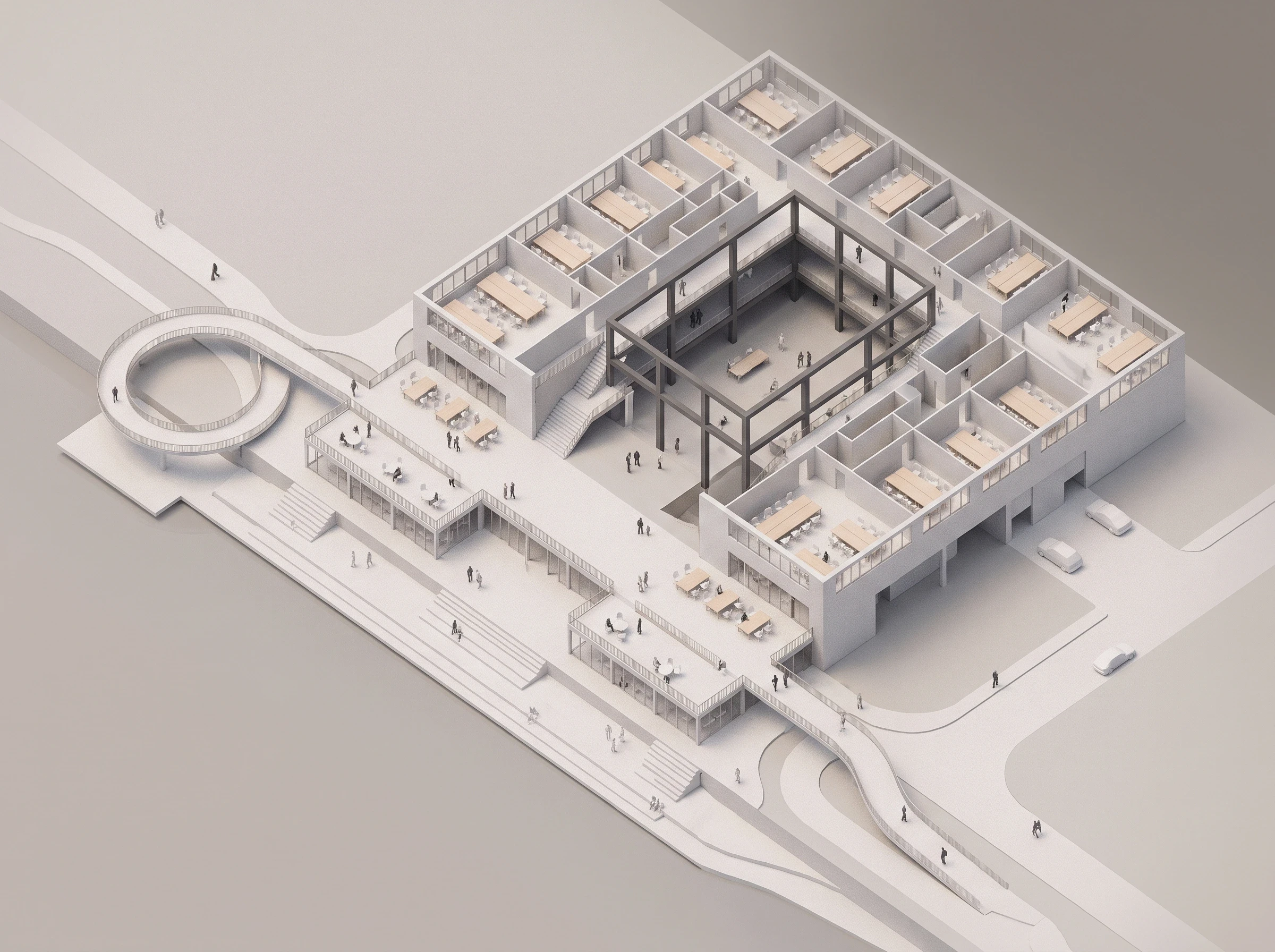 滨水建筑空间关系轴测图，空间关系 AI 设计参考