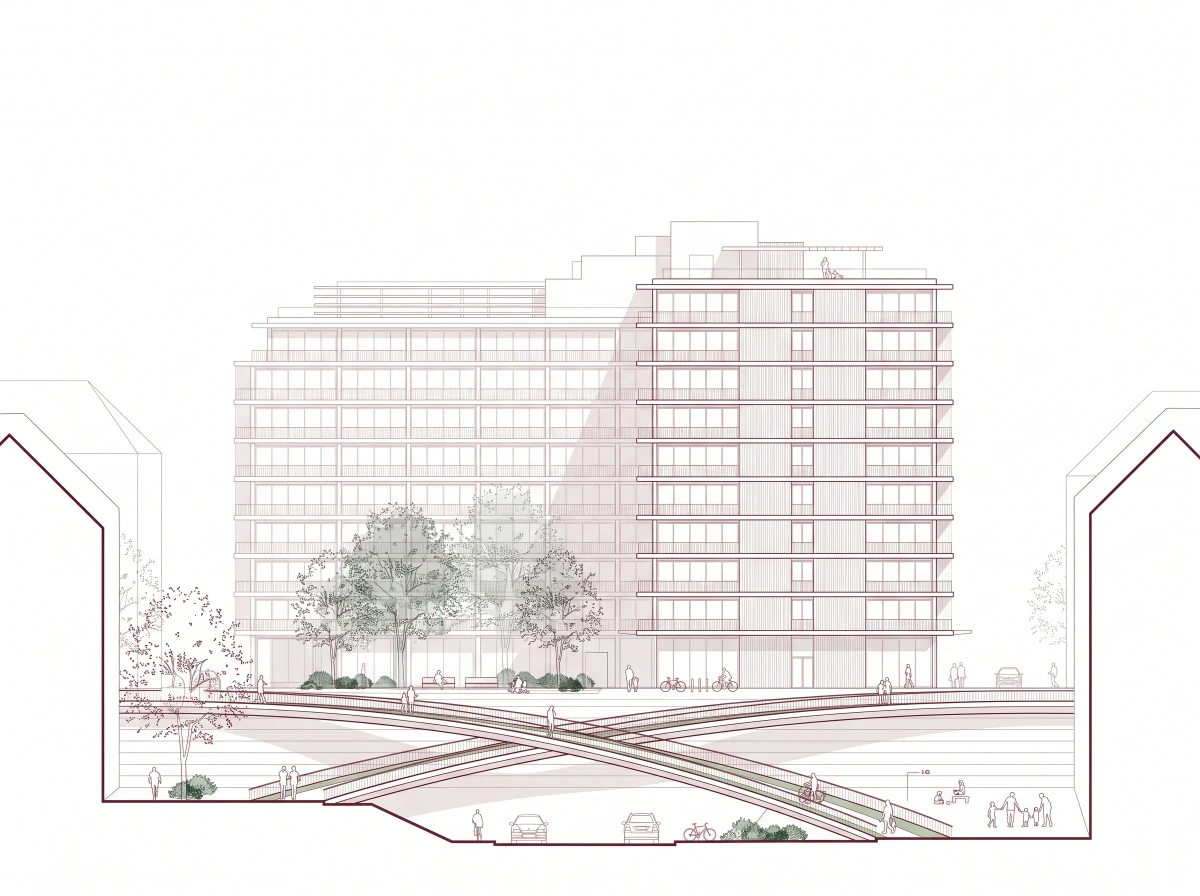 城市庭院与景观廊桥剖面，剖面 AI 设计参考