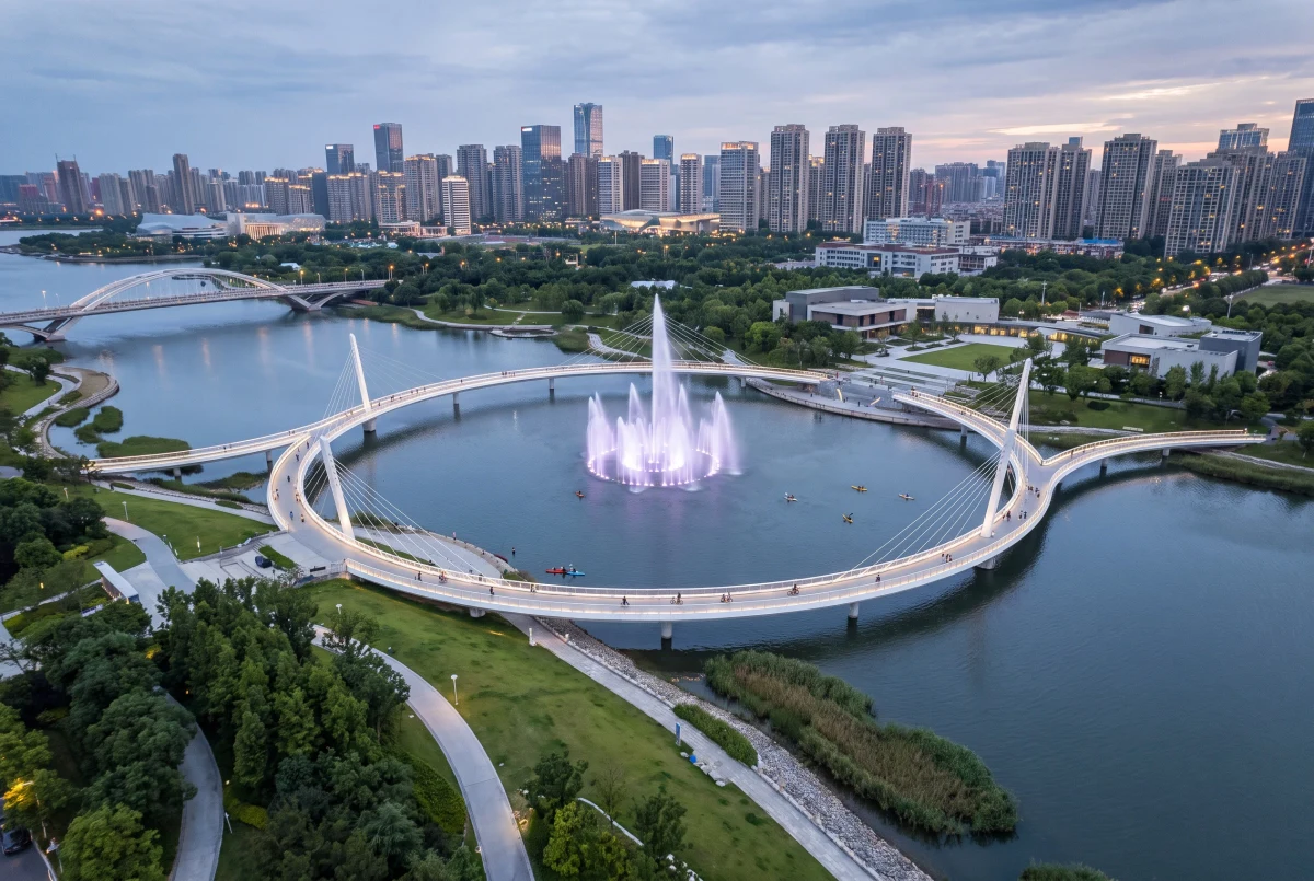 暮色环桥滨水公园，滨水空间 AI 设计参考
