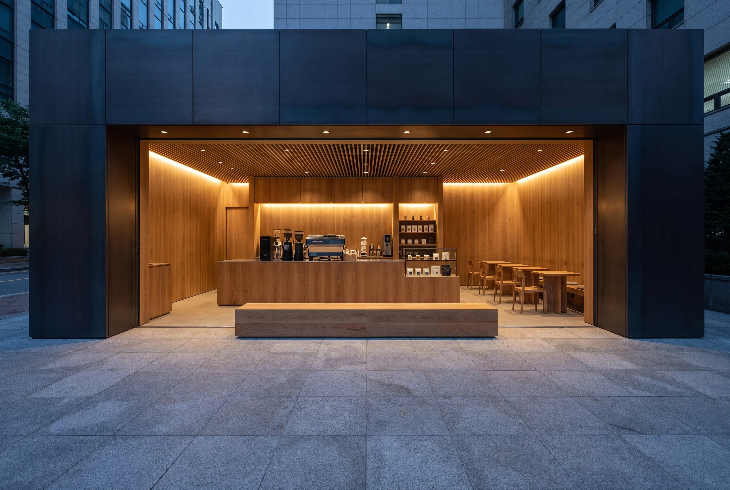 温暖木质现代咖啡厅，餐饮 AI 设计参考