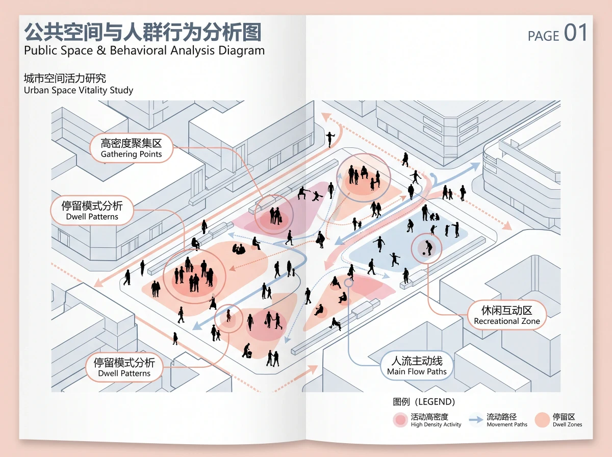 公共空间人群行为分析图，人群行为 AI 设计参考