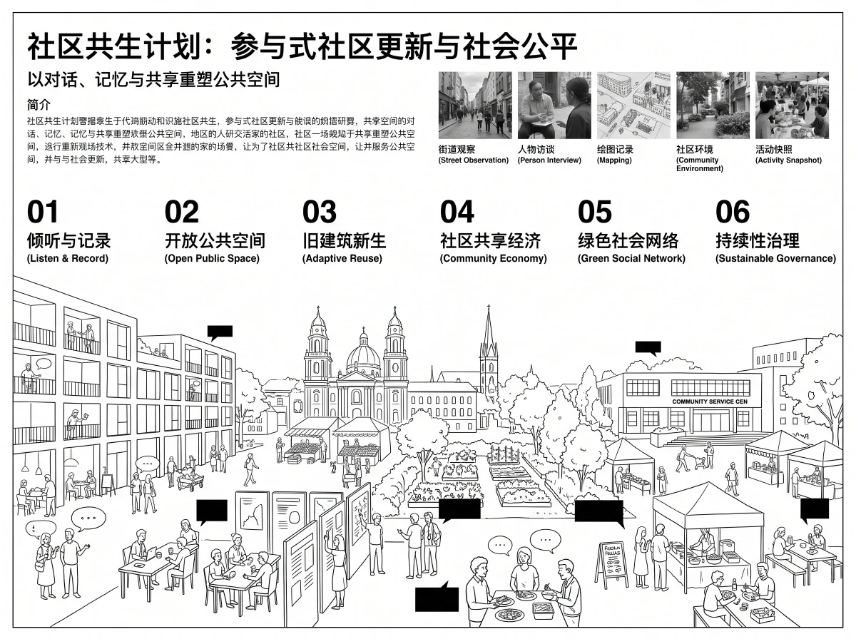 社区共生叙事拼贴展板，展板排版 AI 设计参考