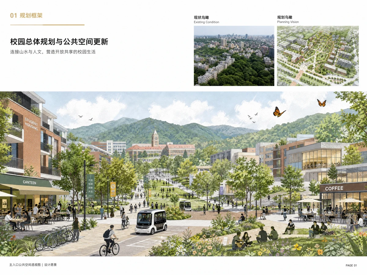 校园总体规划汇报展板，展板排版 AI 设计参考