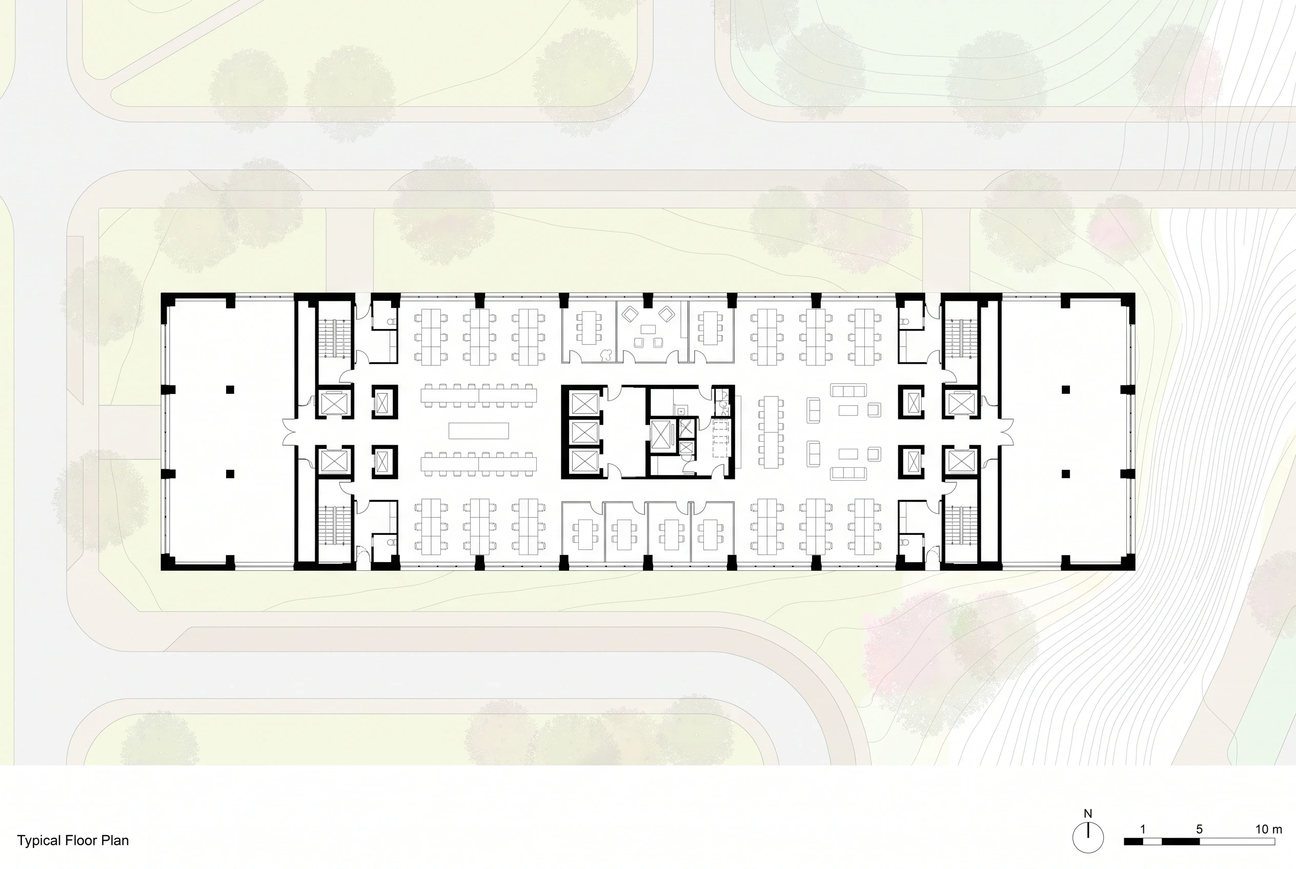 细长型建筑典型楼层平面图，平面 AI 设计参考