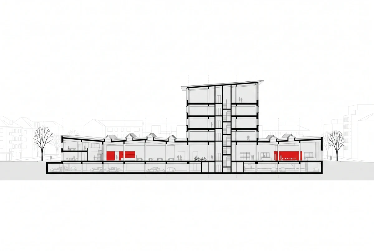 城市公共建筑剖面表达，剖面 AI 设计参考