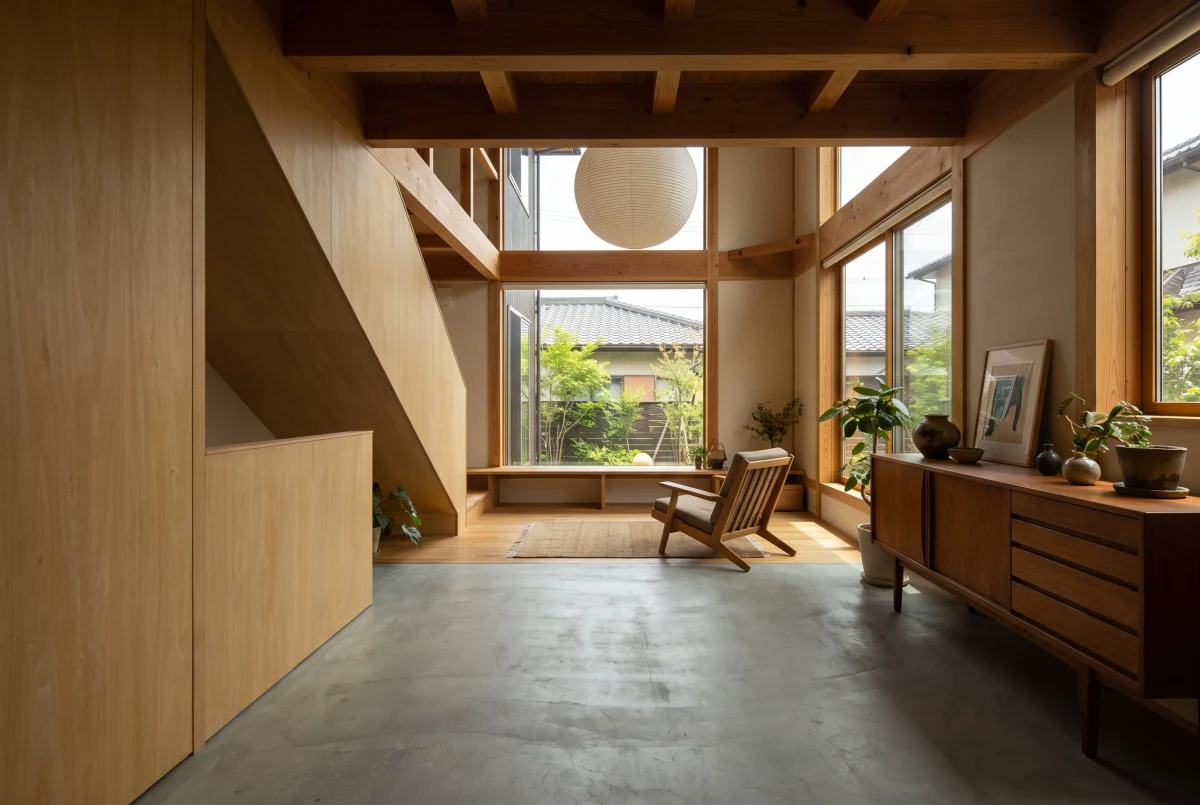 木构暖光住宅起居厅，住宅 AI 设计参考