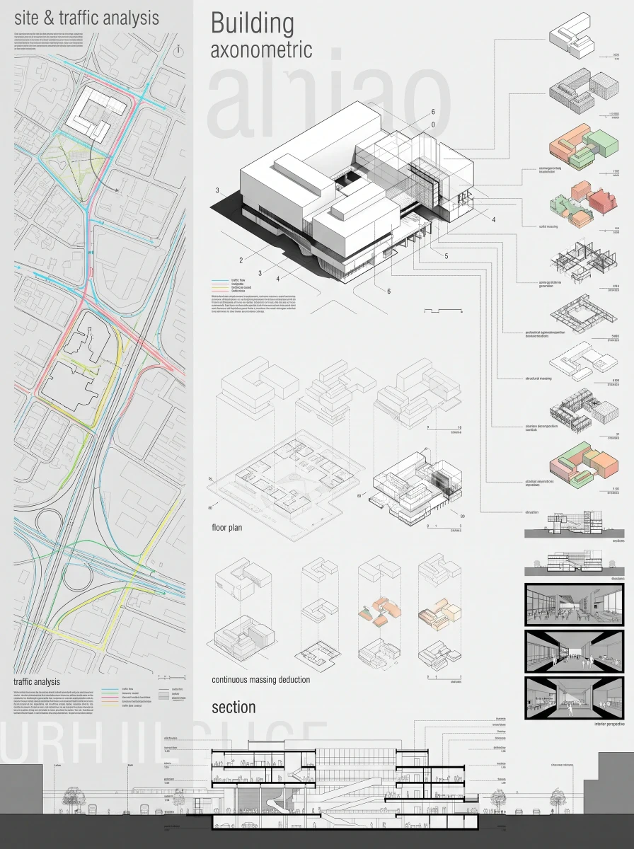 城市基础设施拼贴作品集展板，展板排版 AI 设计参考