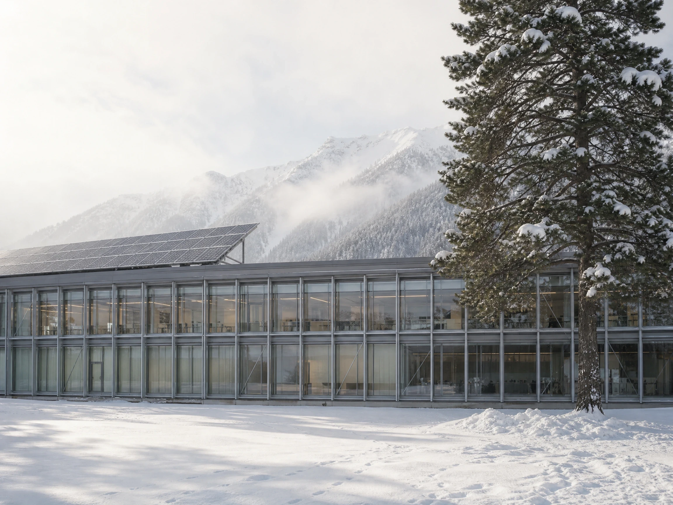 雪山松林中的玻璃校园，教育校园 AI 设计参考