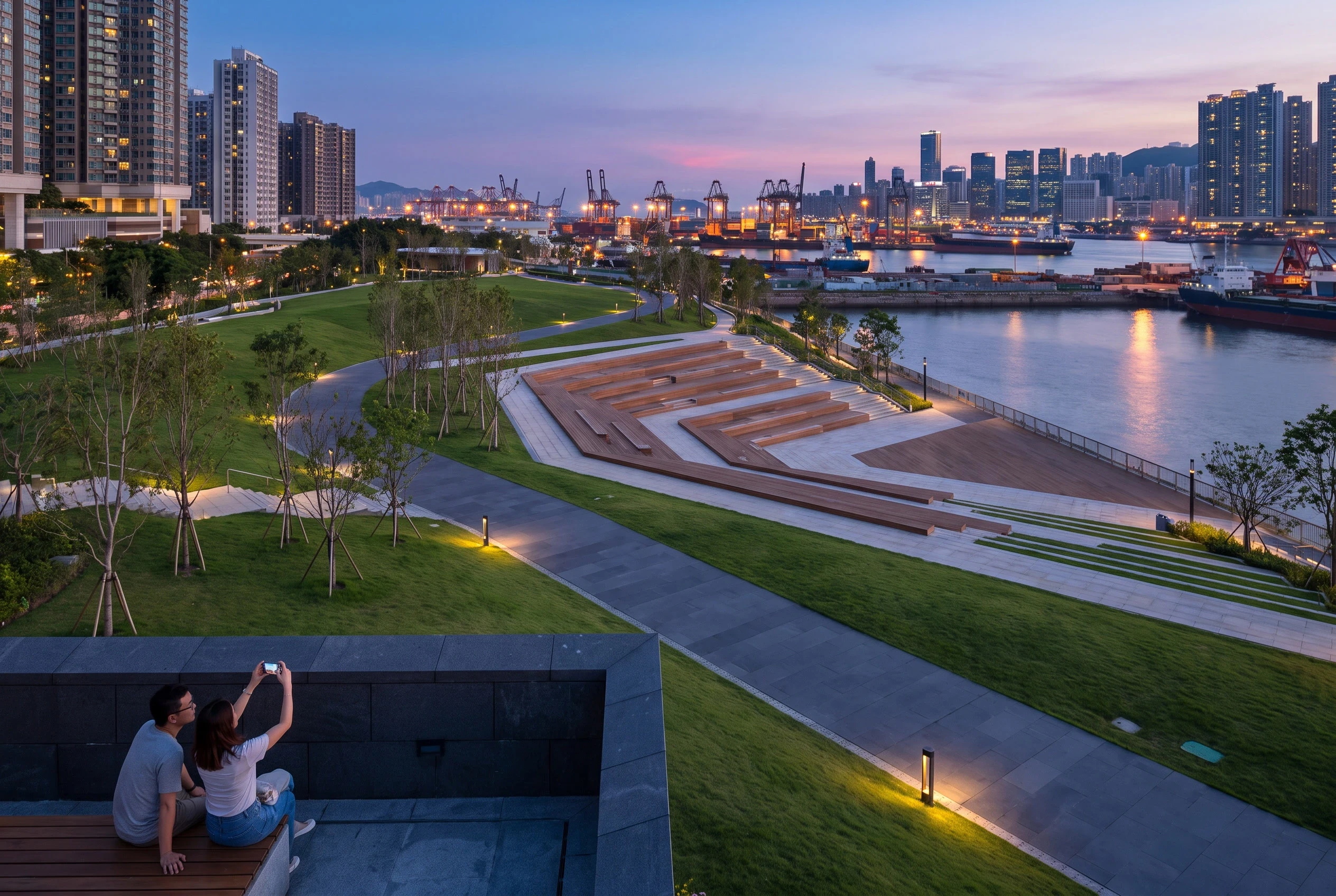 港湾城市山丘公园夜景，公园绿地 AI 设计参考