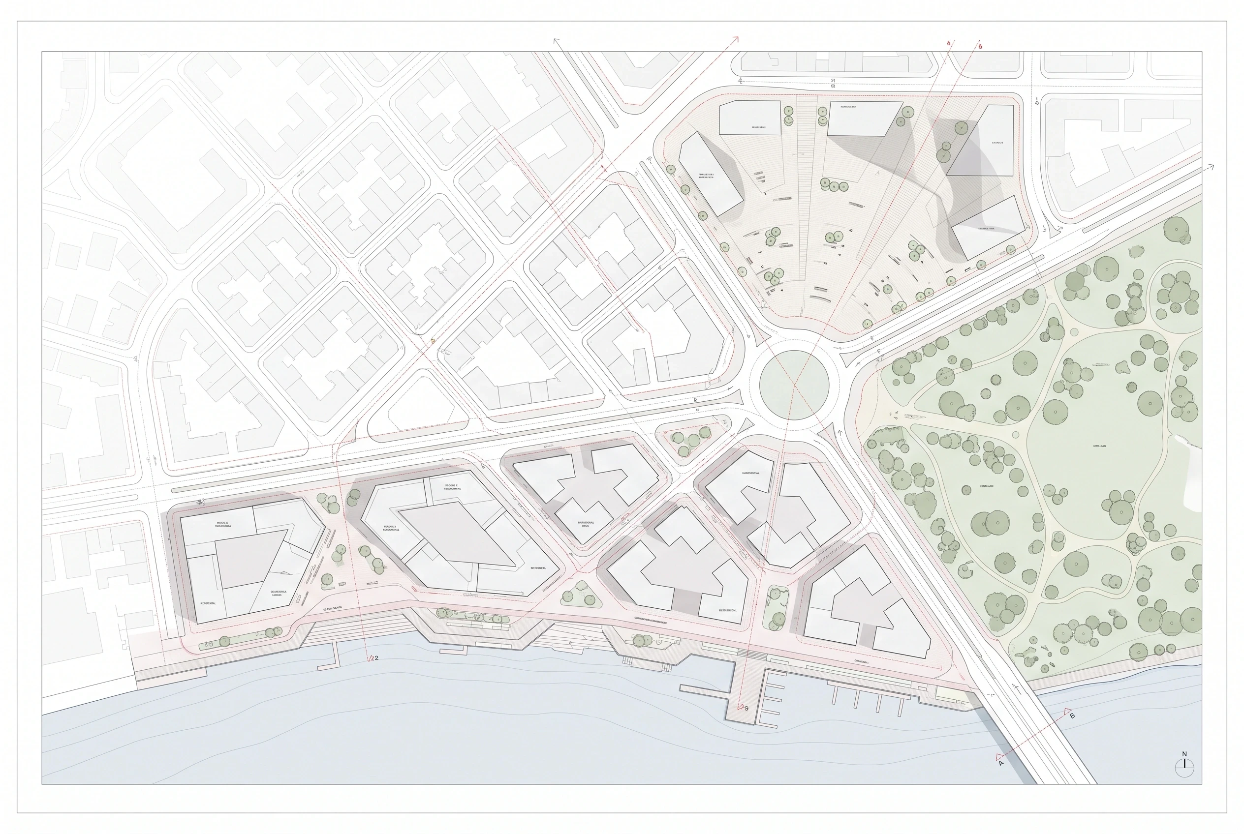 滨水城市总平面图，总平面 AI 设计参考