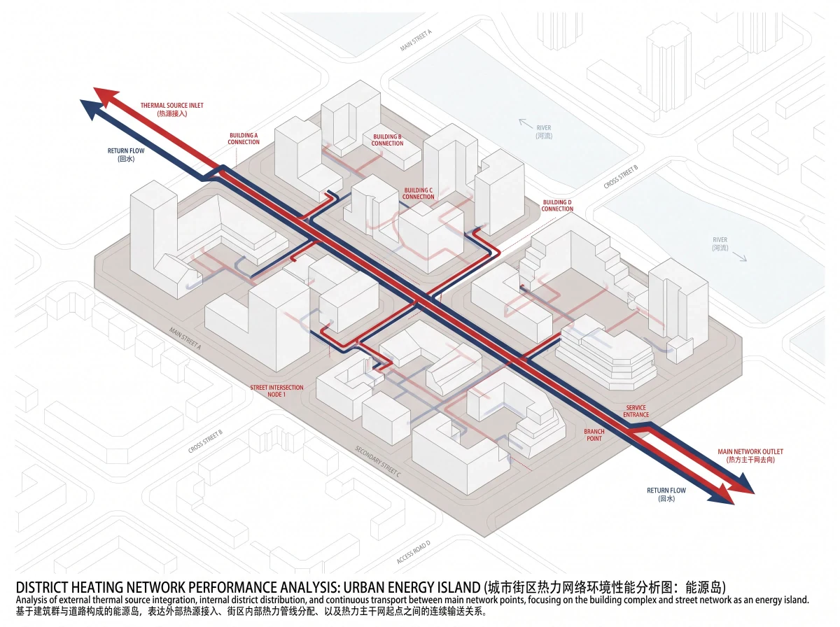 城区热力管网示意，环境性能 AI 设计参考