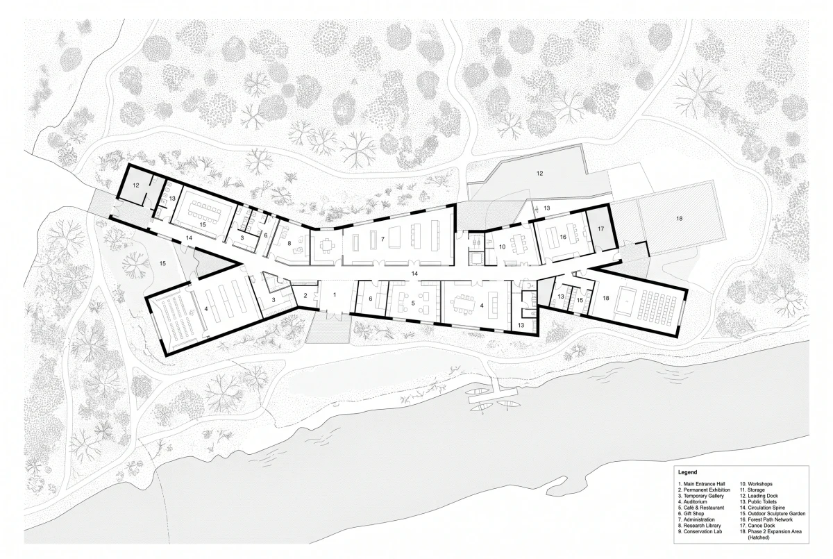 森林博物馆建筑总平面图，平面 AI 设计参考