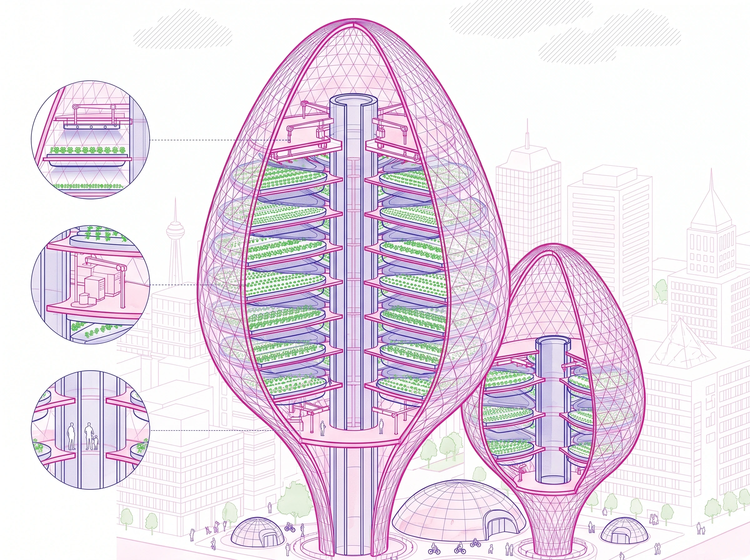 城市垂直农场剖面图，剖面 AI 设计参考