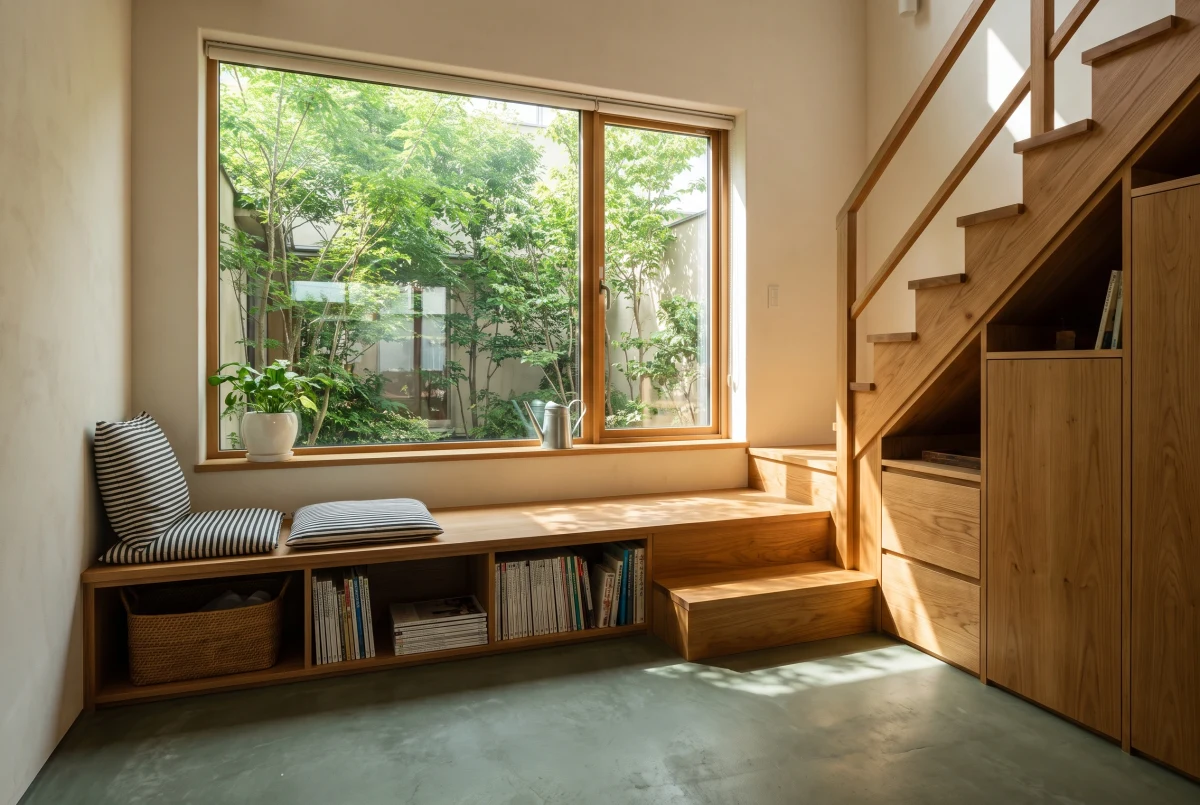 木阶窗景住宅起居空间，住宅 AI 设计参考