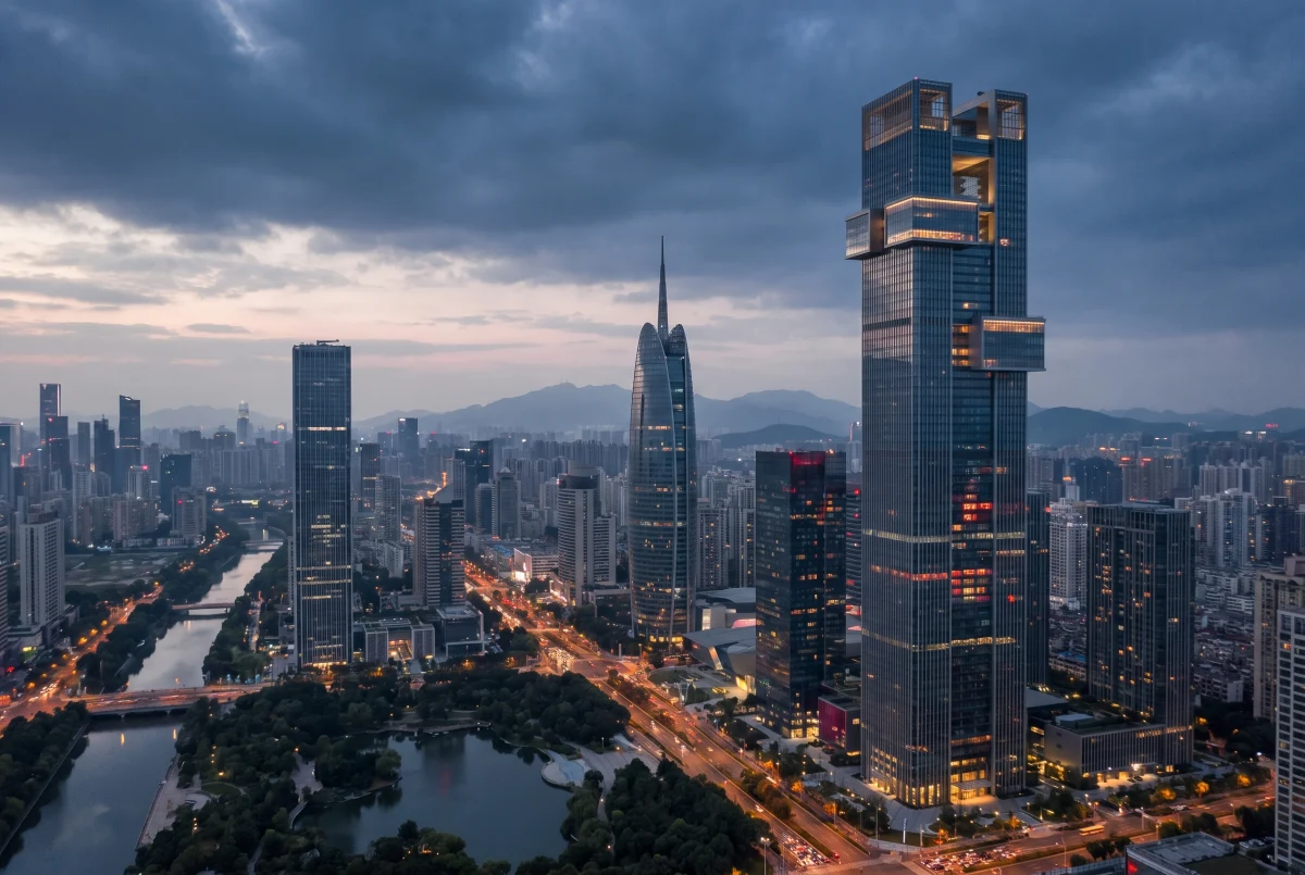 暮色超高层城市天际线，办公商业 AI 设计参考