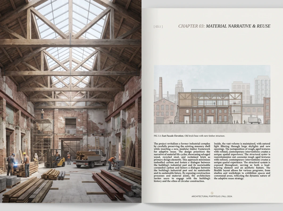工业再生建筑双页作品集，展板排版 AI 设计参考