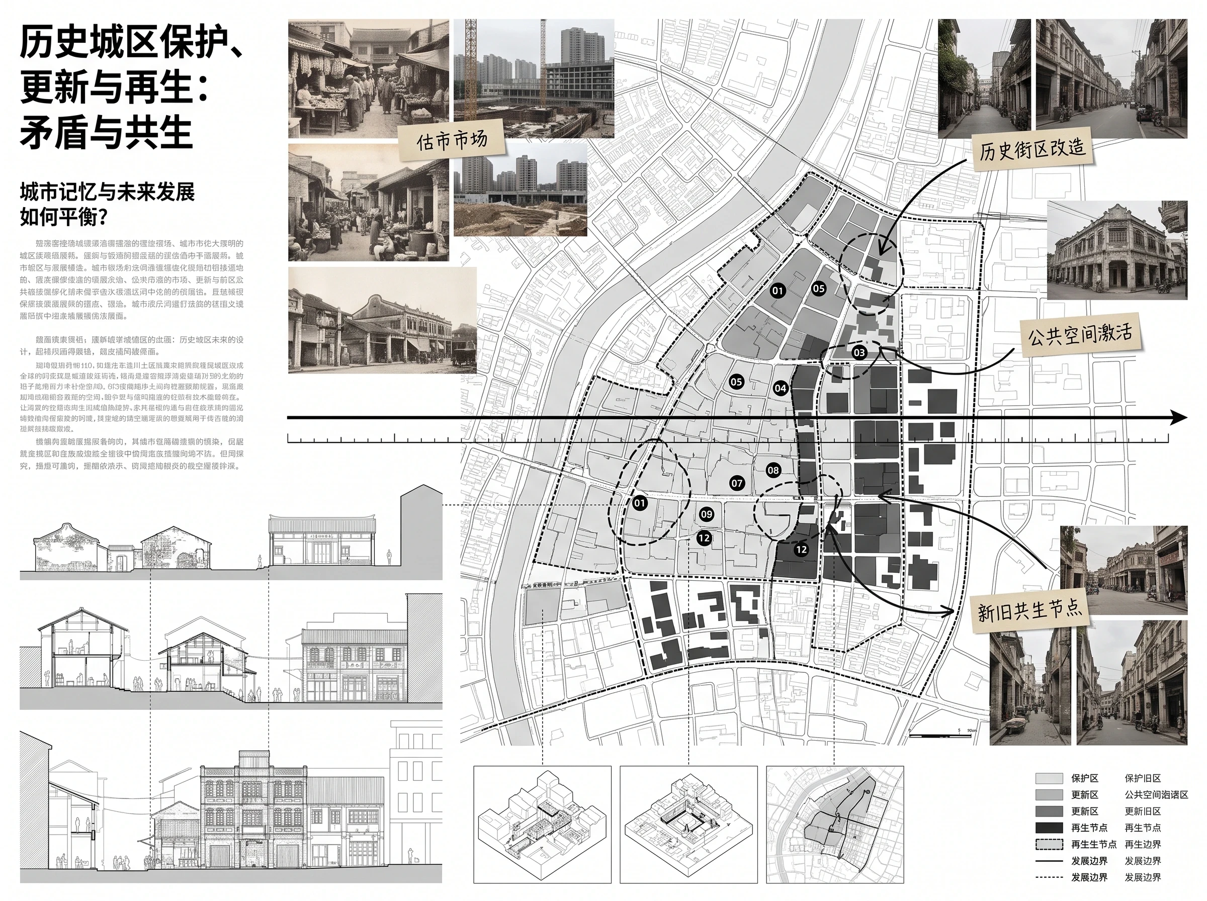 历史城区保护与再生汇报展板，展板排版 AI 设计参考