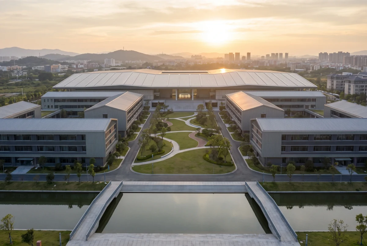 现代校园建筑夕照鸟瞰，教育校园 AI 设计参考