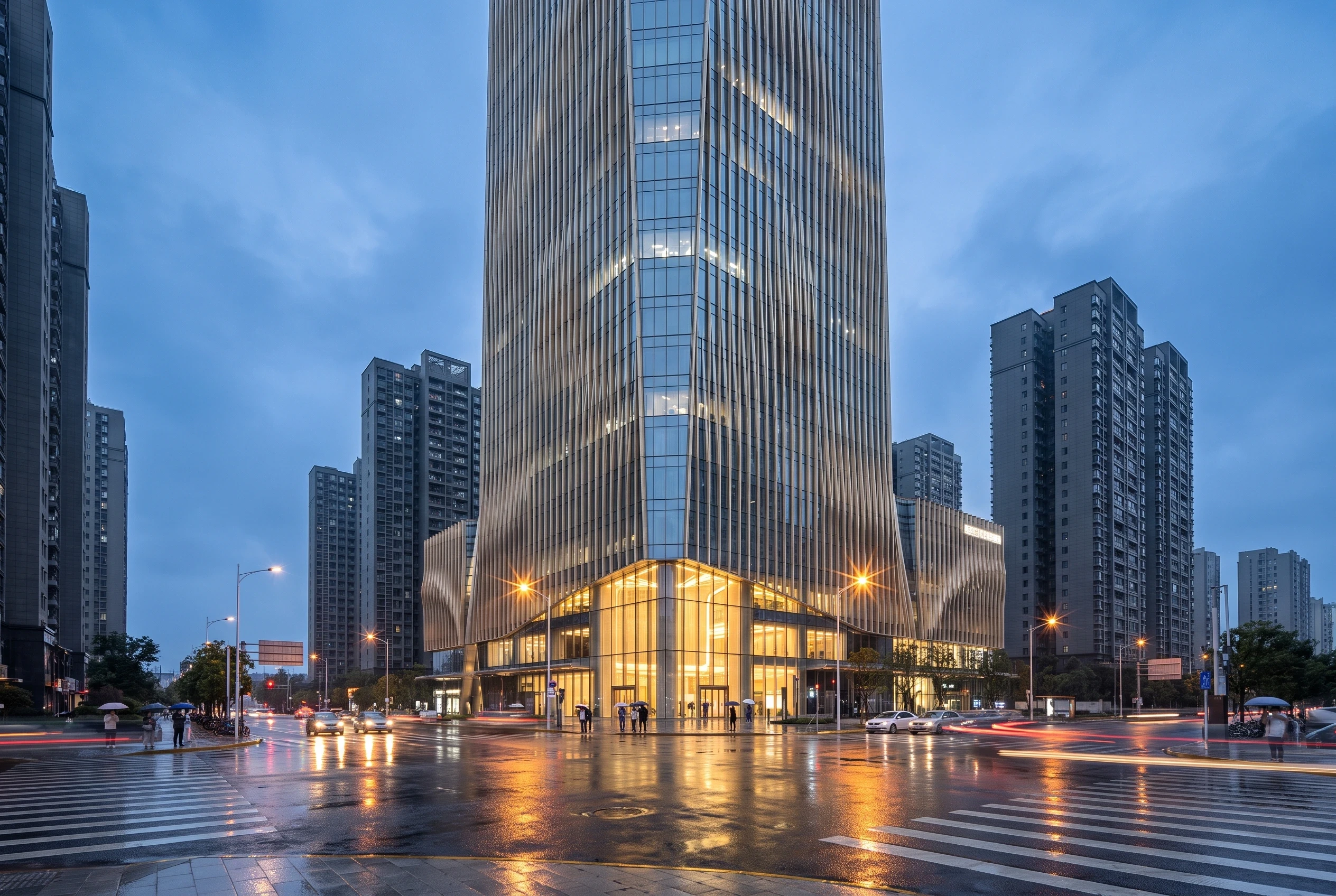 雨夜蓝调鳍片办公塔楼，办公商业 AI 设计参考