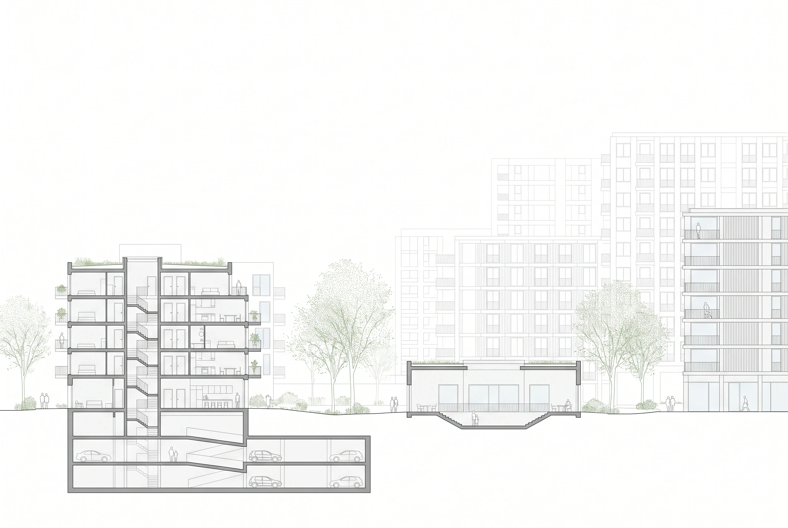 城市街区建筑剖面图，剖面 AI 设计参考