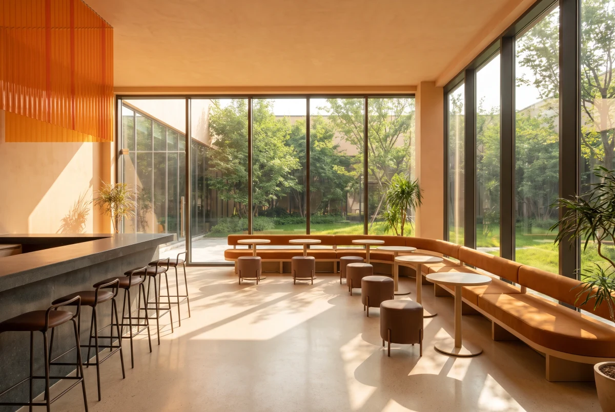 暖橙阳光烘焙餐厅，餐饮 AI 设计参考