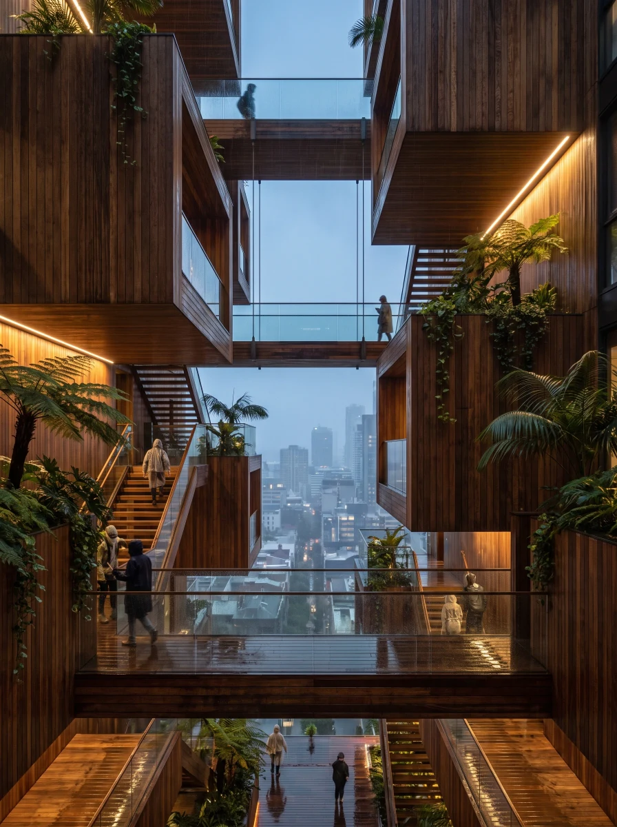 雨幕中的木构叠层住宅，住宅 AI 设计参考