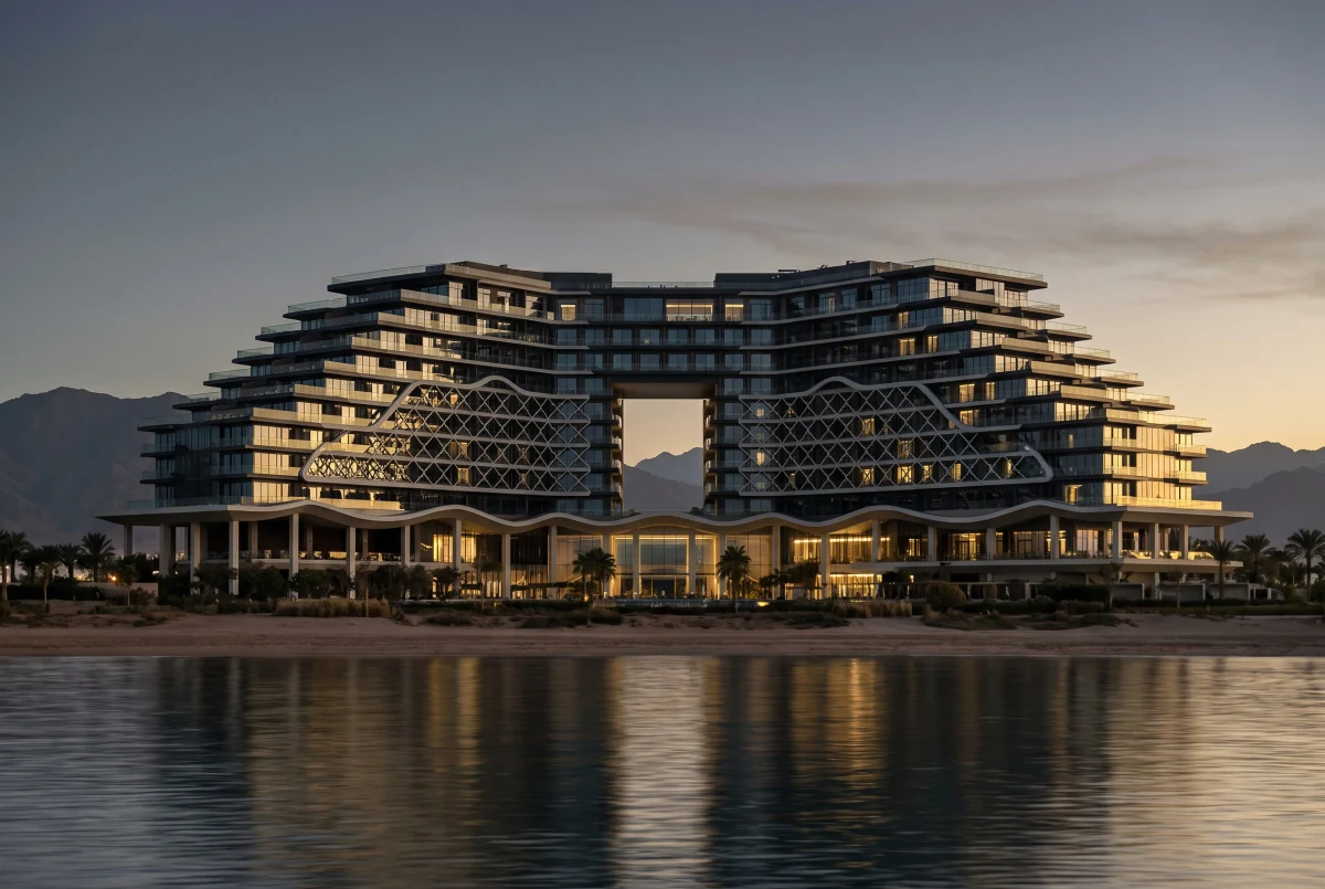 海湾暮色中的悬空度假酒店，酒店度假 AI 设计参考