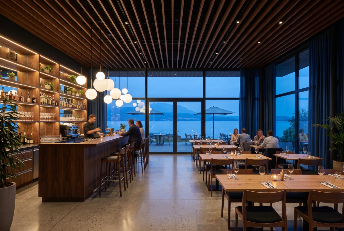 湖畔木格栅餐厅空间，餐饮 AI 设计参考