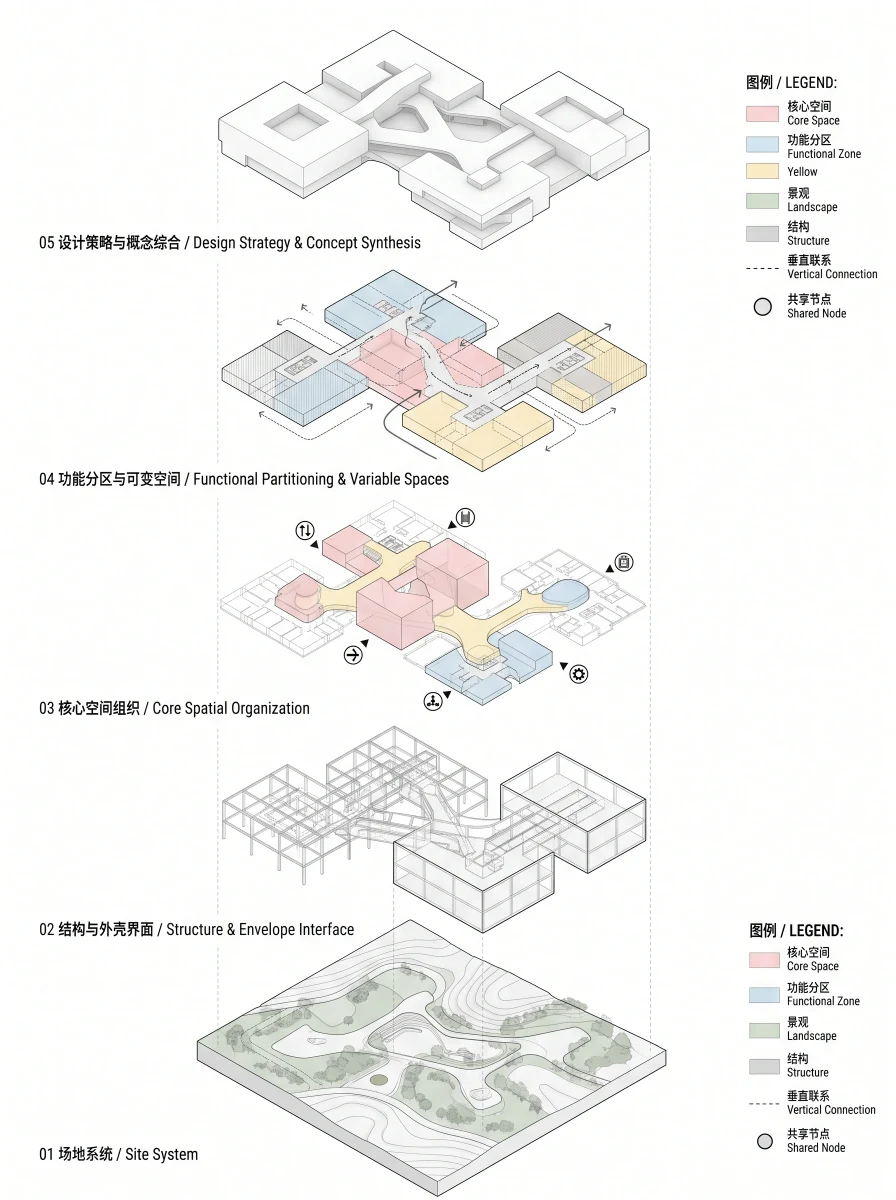 建筑空间关系爆炸分析图，空间关系 AI 设计参考