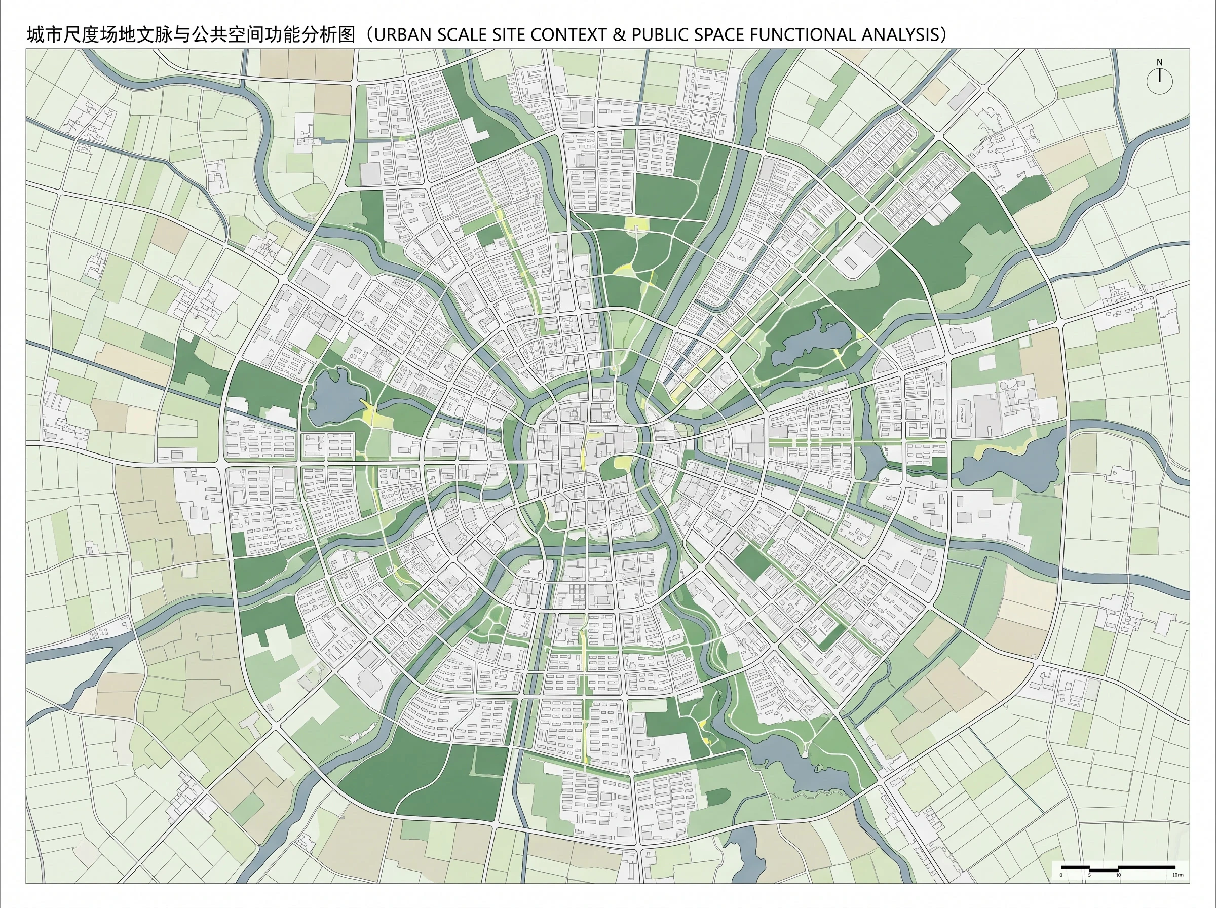 城市绿色公共空间网络图，场地文脉 AI 设计参考