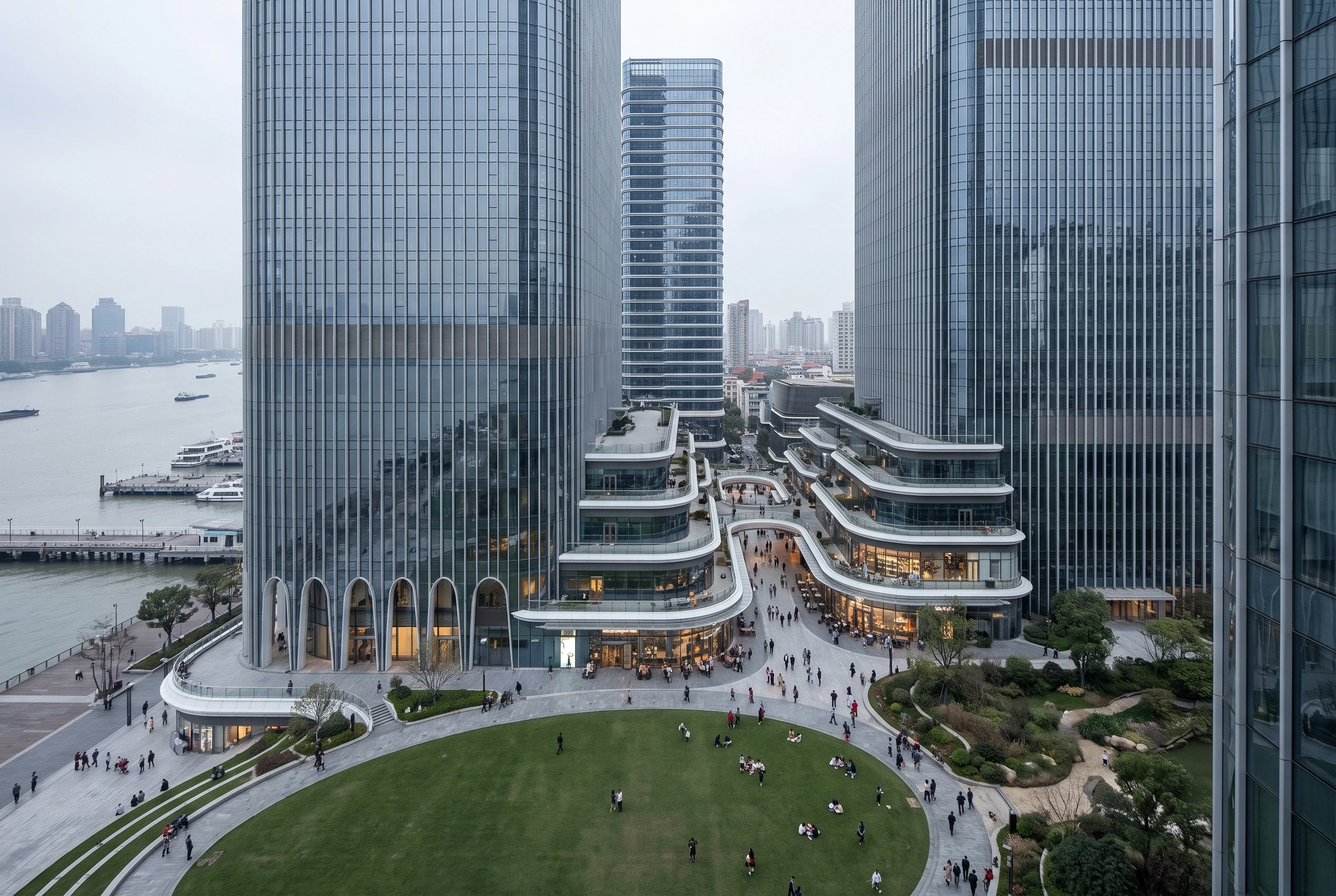 滨水双塔城市公园广场，综合公共建筑 AI 设计参考