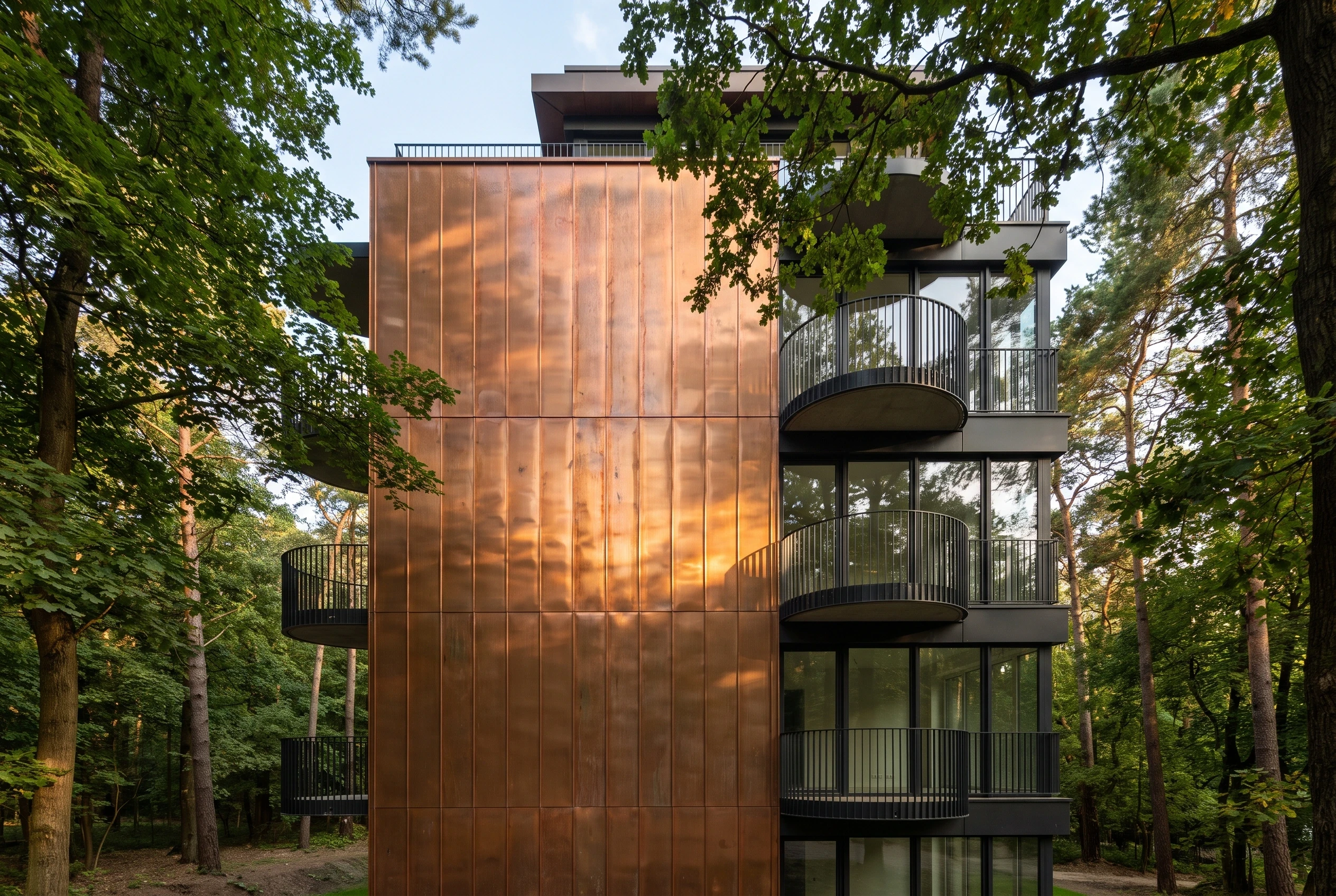 铜色立面林间公寓，住宅 AI 设计参考