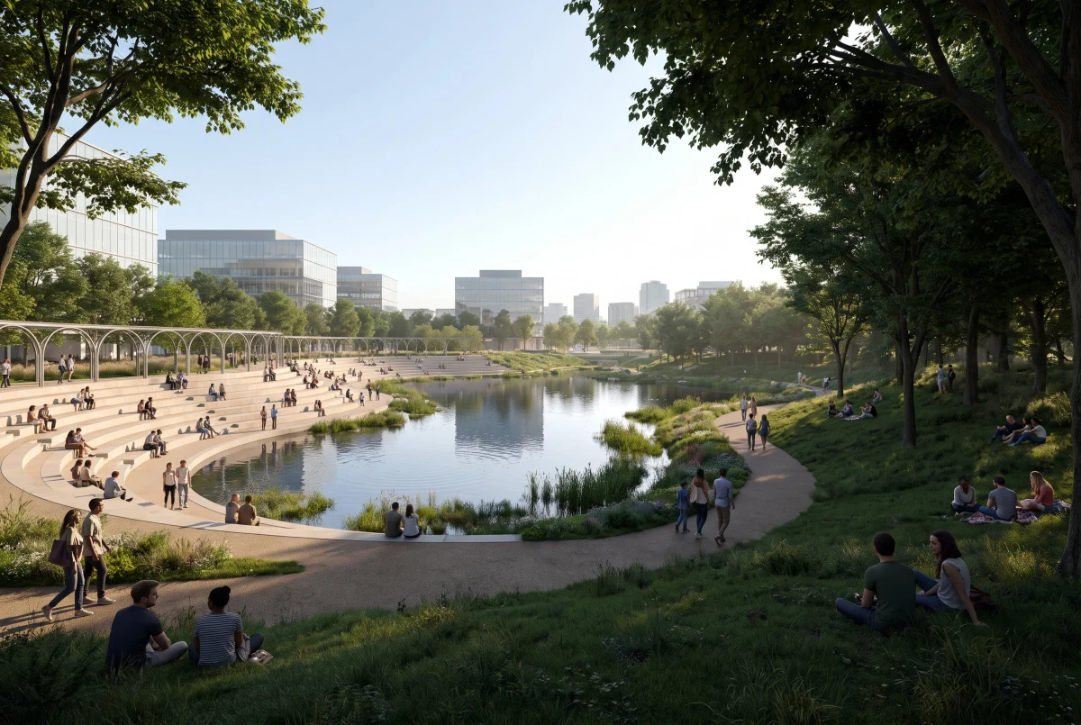 城市湿地公园阶梯剧场，公园绿地 AI 设计参考