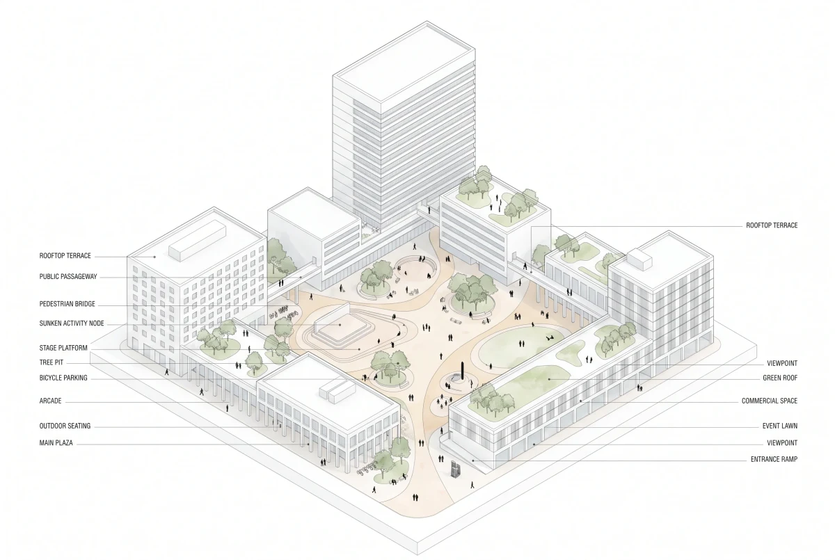 城市公共广场轴测图，空间关系 AI 设计参考