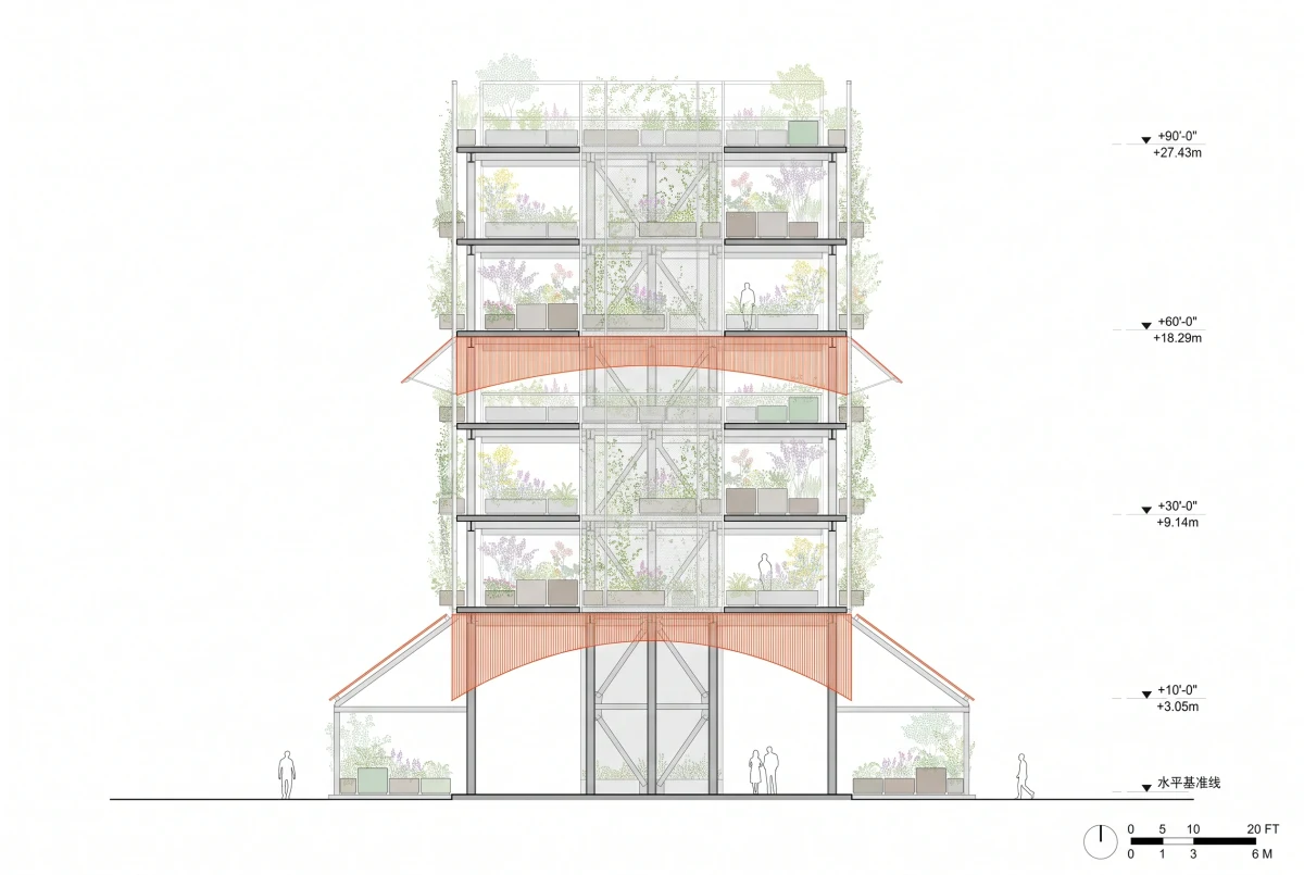 垂直花园建筑剖面图，剖面 AI 设计参考