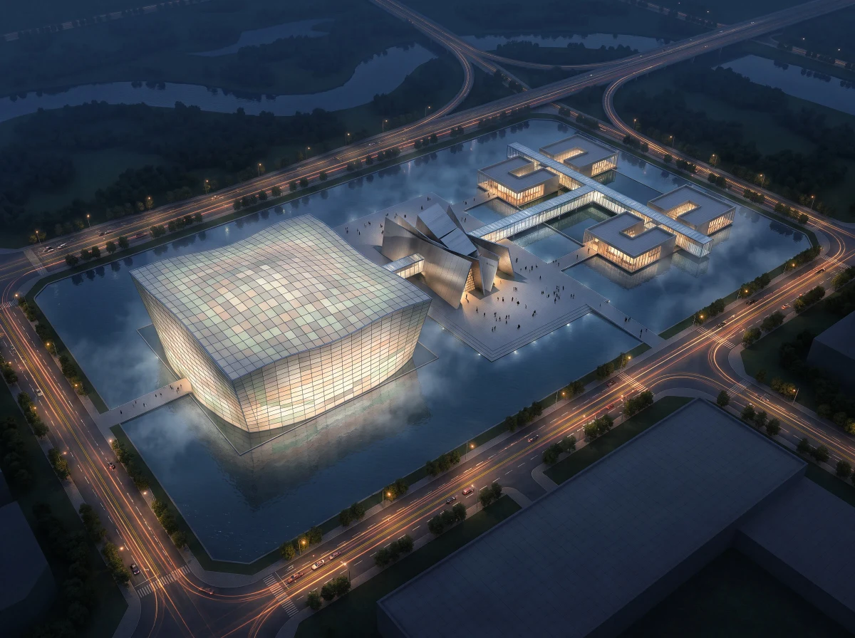 水上歌剧院与艺廊夜景，文化展览 AI 设计参考