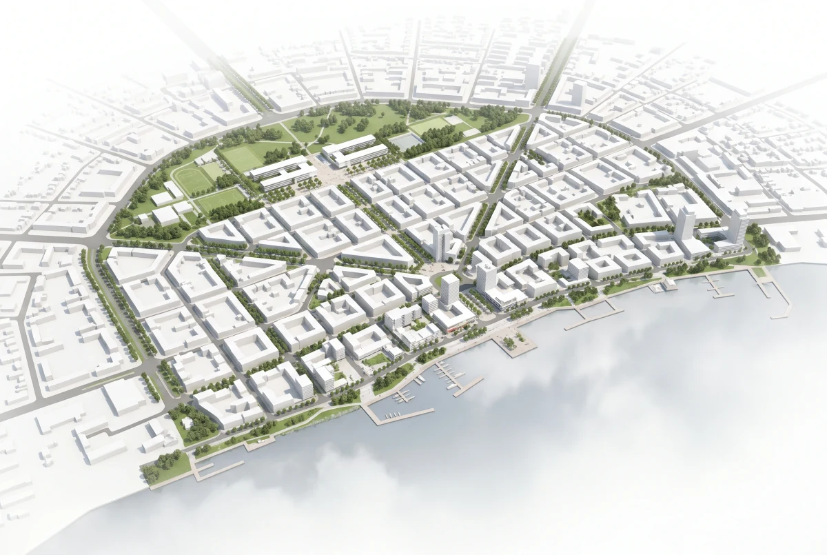 滨水城市中心总体规划鸟瞰图，总体规划 AI 设计参考